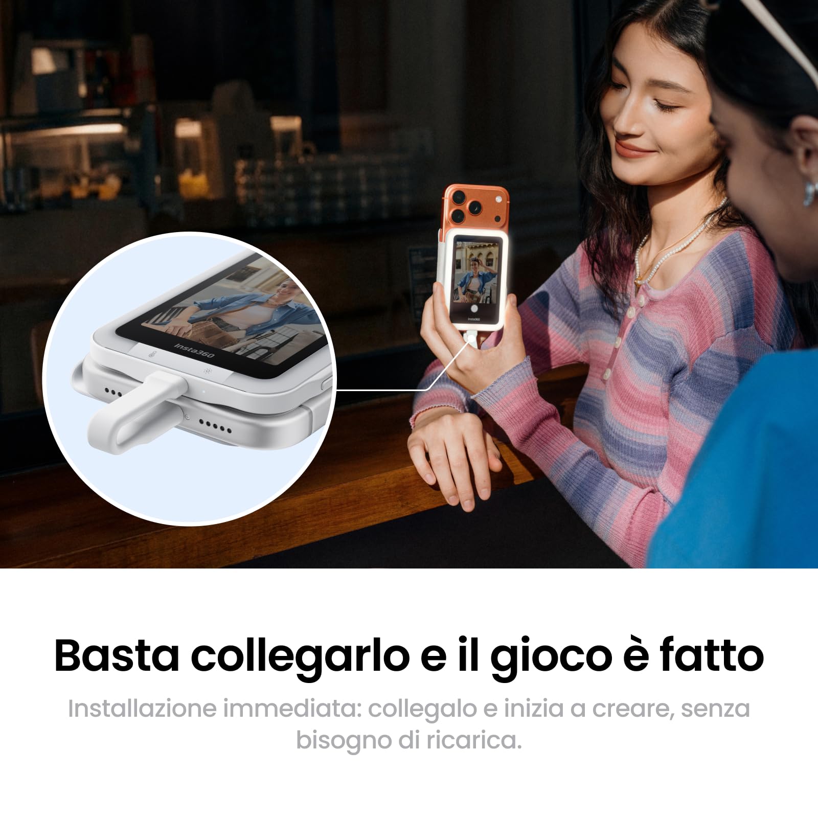 Insta360 Snap Schermo per selfie con luce - Schermo 4K magnetico ideale per selfie e vlogging, compatibile con iPhone 15/16/17 Pro, luce regolabile, controllo touchscreen, collegamento immediato