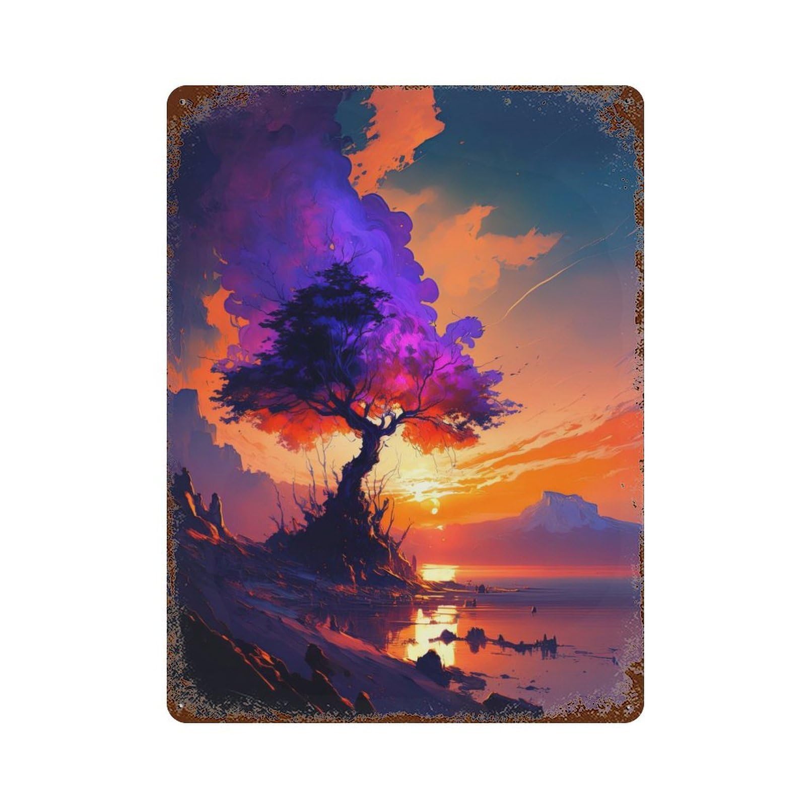 Vintage Rust Metal Sign Majestic Tree by The Lake 15.7"x11.8", Novelty Wall Decor for Garage, Bar And Workshop Decor