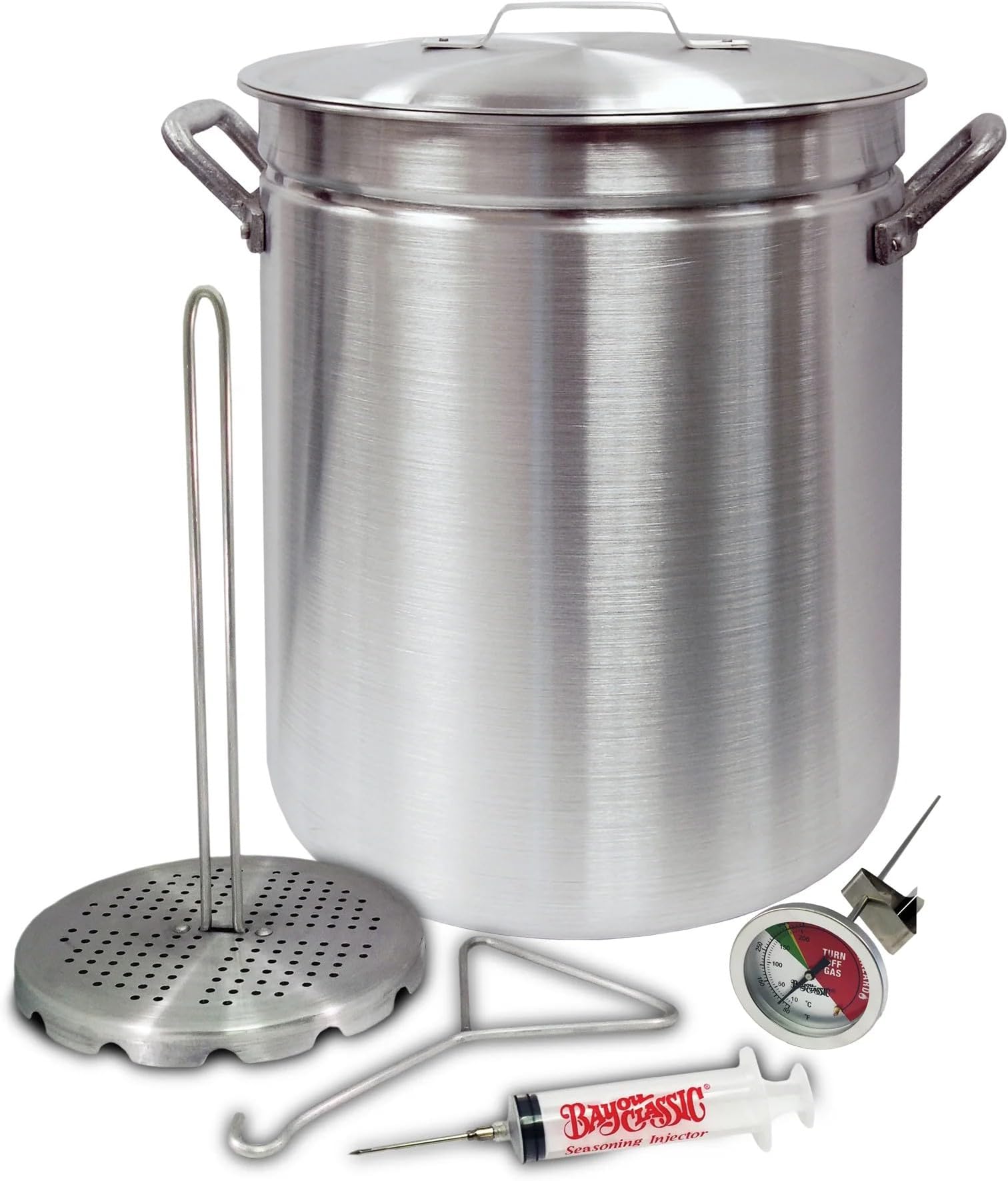 Bayou Classic Turkey Fryer Pot - Vented Lid, Riveted Handles, Poultry Rack, Thermometer, Injector - 42 Qt - Aluminum