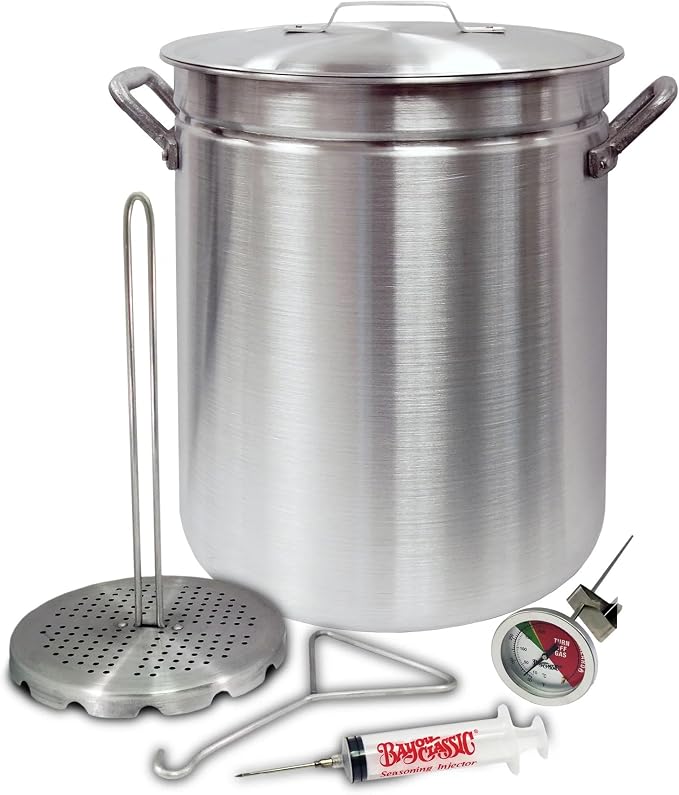 Amazon - Bayou Classic Turkey Fryer Pot - Vented Lid, Riveted Handles, Poultry Rack, Thermometer, Injector - 42 Qt - Aluminum