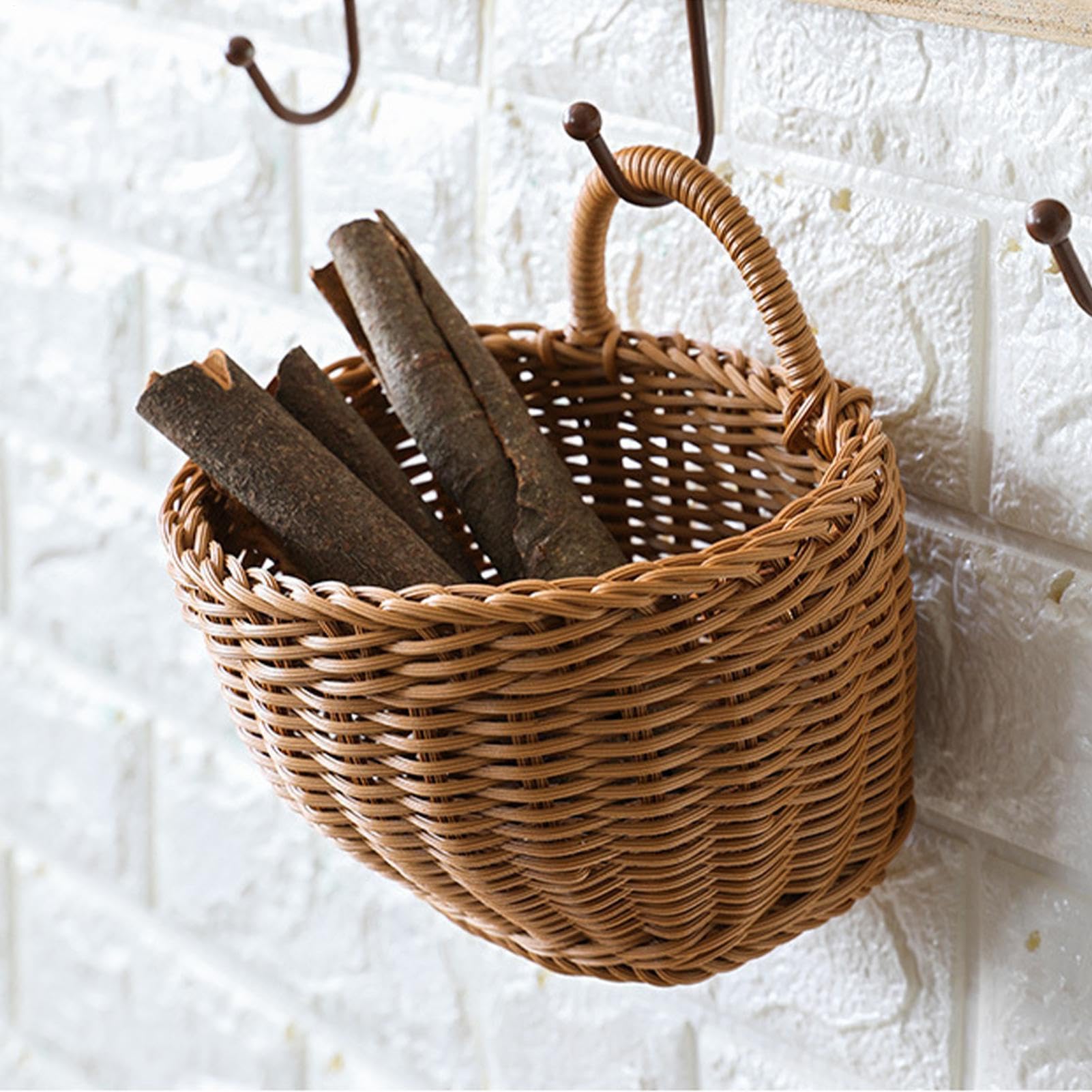 Panier Suspendu En Osier Fait Main - Pour Rangement Ail, Gingembre, Fruits, Décoration Murale Rustique (taille M, Beige)