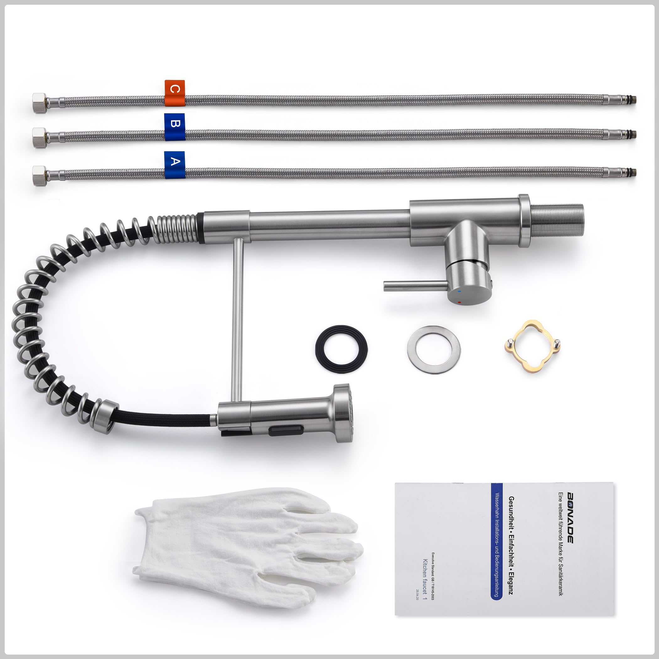 BONADE Grifo de cocina de baja presión, extensible, con muelle en espiral con ducha, grifo de cocina giratorio 360°, grifo mezclador de cocina con 3 conexiones para caldera, grifo de fregadero de