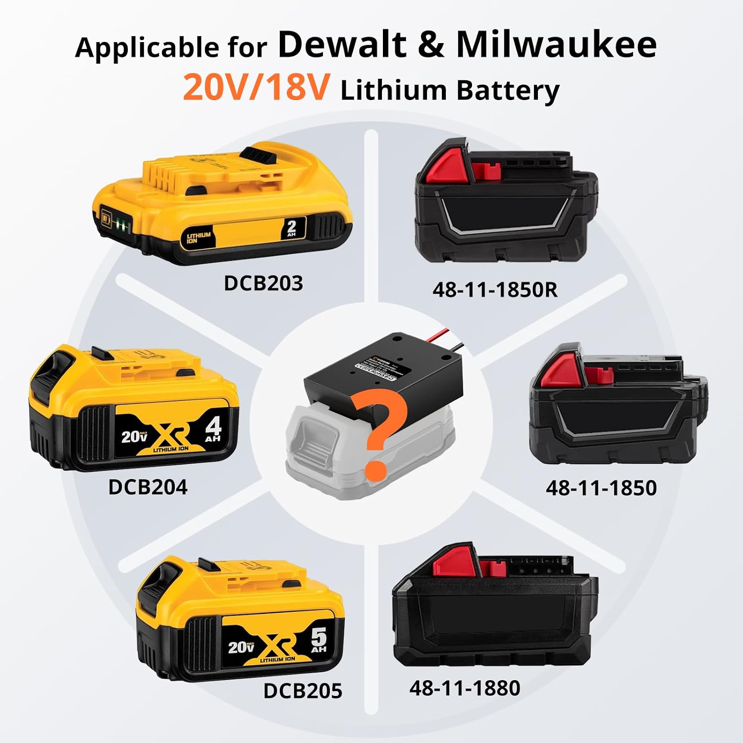 Image showing various Dewalt and Milwaukee 20V/18V lithium batteries, indicating compatibility with the etoolab battery adapter.