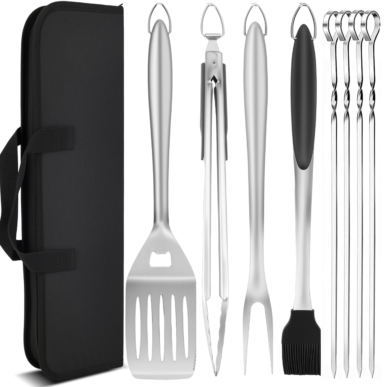 9-Teiliges Grillzubehör Set aus Edelstahl, Grill-Geschenke für Männer & Väter zu Geburtstag/Weihnachten, Langlebiges BBQ Werkzeug Set für Outdoor Grill & Camping inkl. Tragetasche, Spatel, Zange