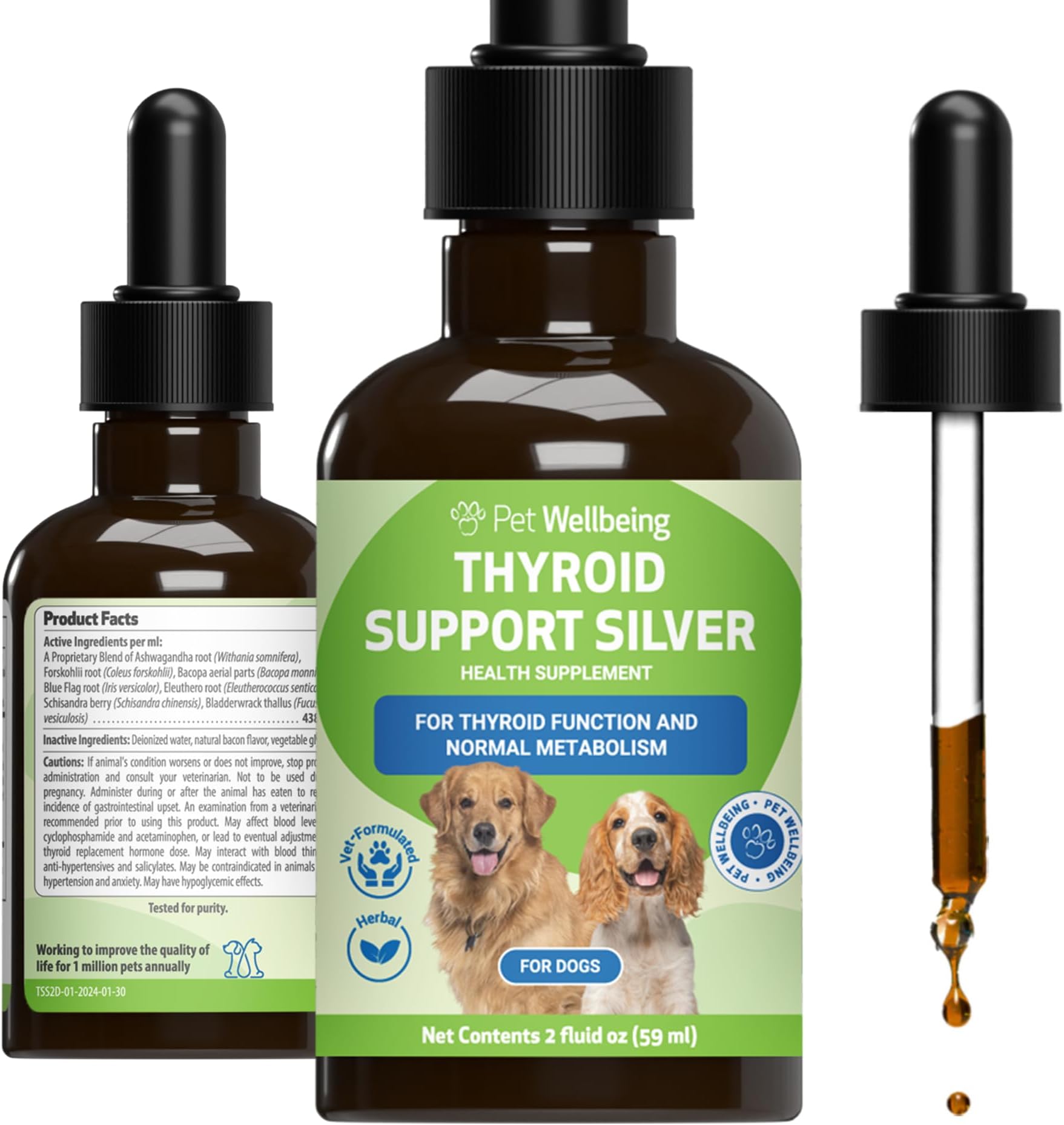 Thyroid Support Silver for Dogs - Holistic Energy & Metabolism Support with Ashwagandha & Forskohlii, Canine Thyroid Supplement - NASC Certified & Vet-Formulated - 2 oz Liquid Formula