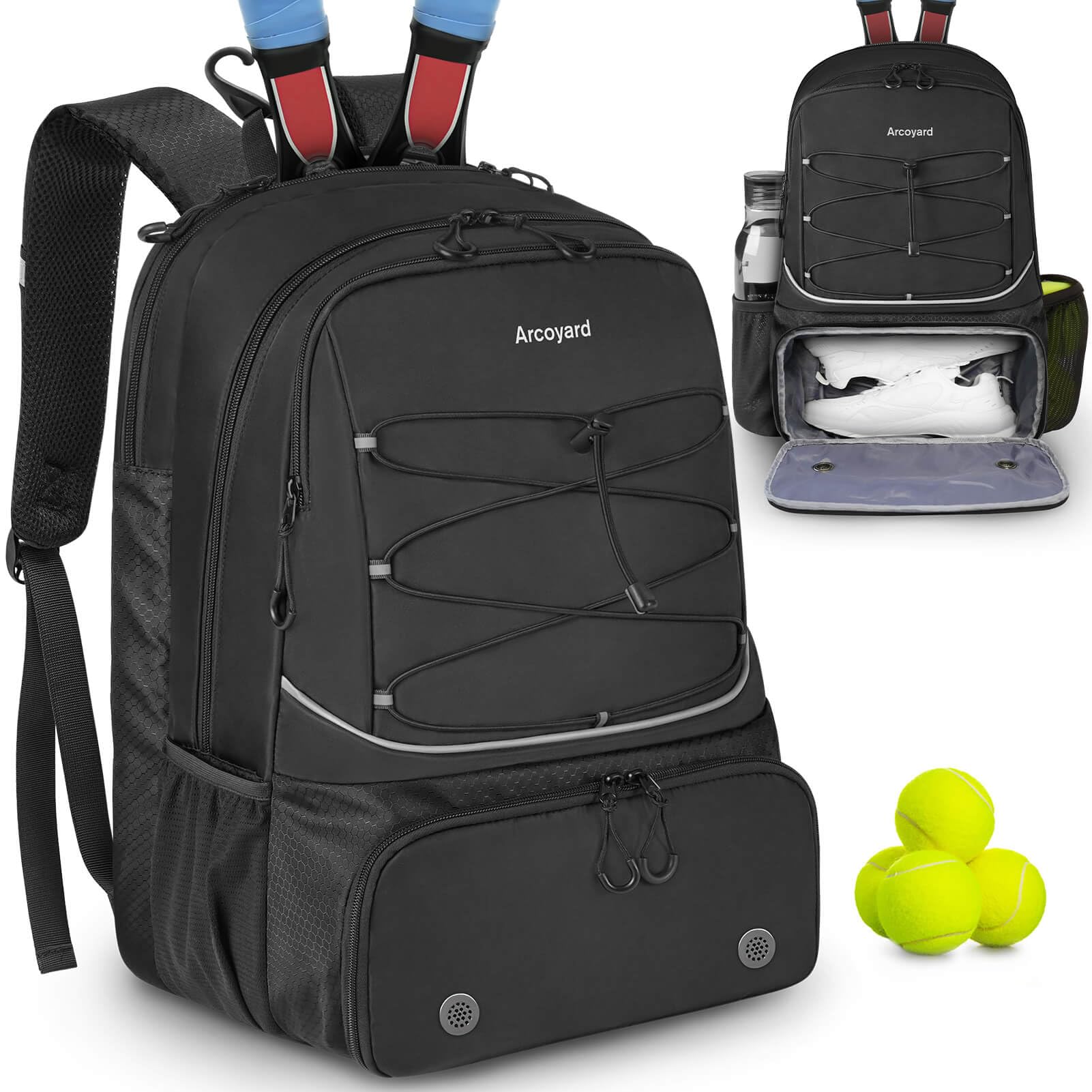Tennis Bag, Large Tennis Bags For Women Wen, Tennis Backpack with Ventilated Shoe Compartment and Insulated Pocket, Hold 2 Tennis Pickleball Rackets, Tennis Pickleball Balls and More, Black