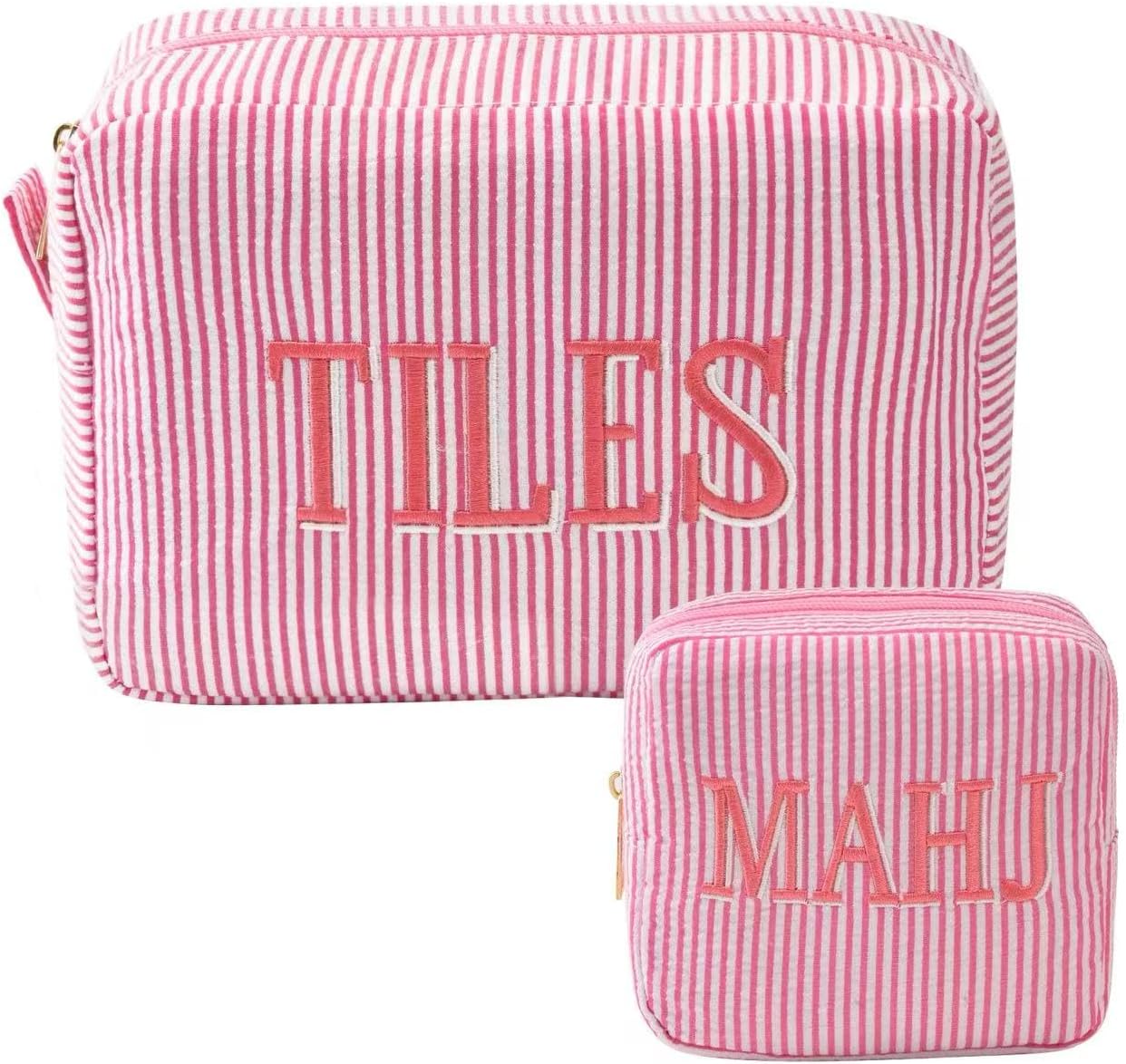 Empty Mahjong Bag Set Mahjong Tiles Bag with Zipper & Dice Bag | Striped Embroidered Mahjong Storage Pouch Mahjong Accessories & Gifts for Women,Travel,Gatherings