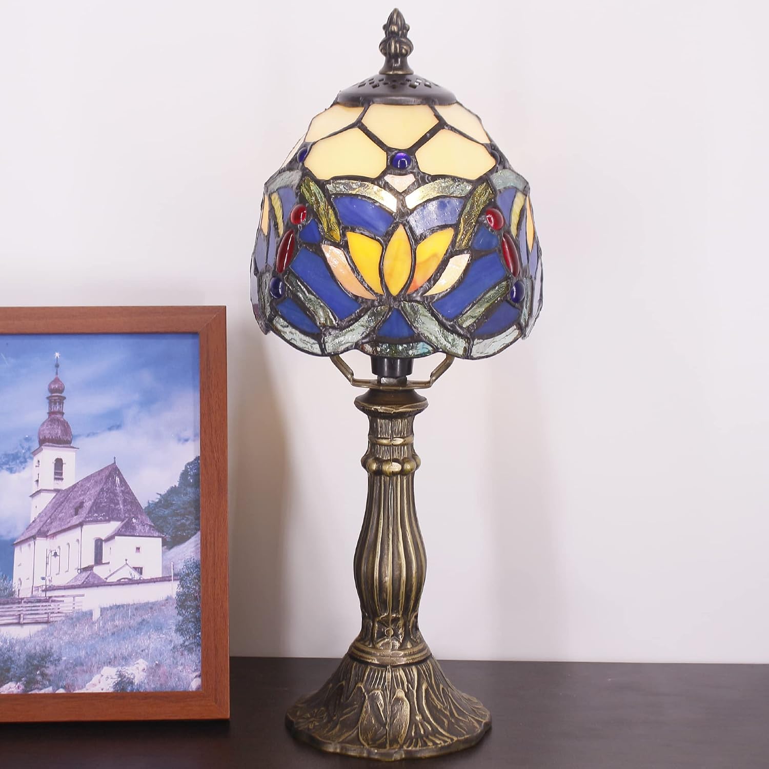 Small Tiffany Lamp Mini Accent Table Lamp Blue Yellow Lotus Style Stained Glass Desk Memory Lamp Sympathy 6X14.6 Inch