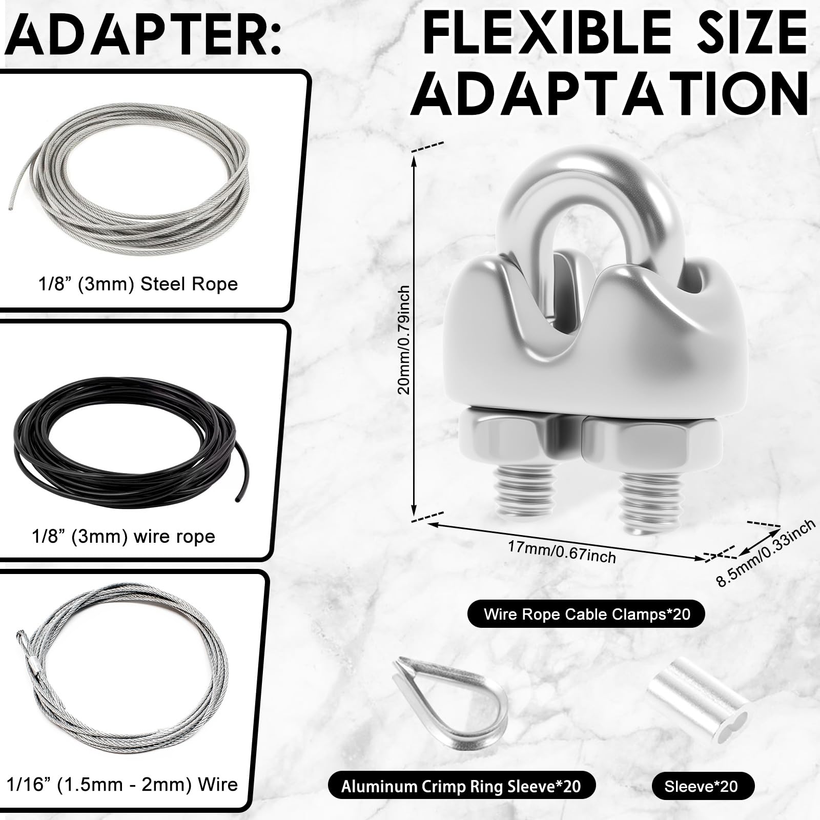 WhSunVo 60Pcs M3 Stainless Steel Wire Rope Cable Clip Clamp Set with M3 Thimble Aluminum Crimping Loop Sleeve Complete Wire Rope Accessory Set for 1/16inch 1/8inch Cable