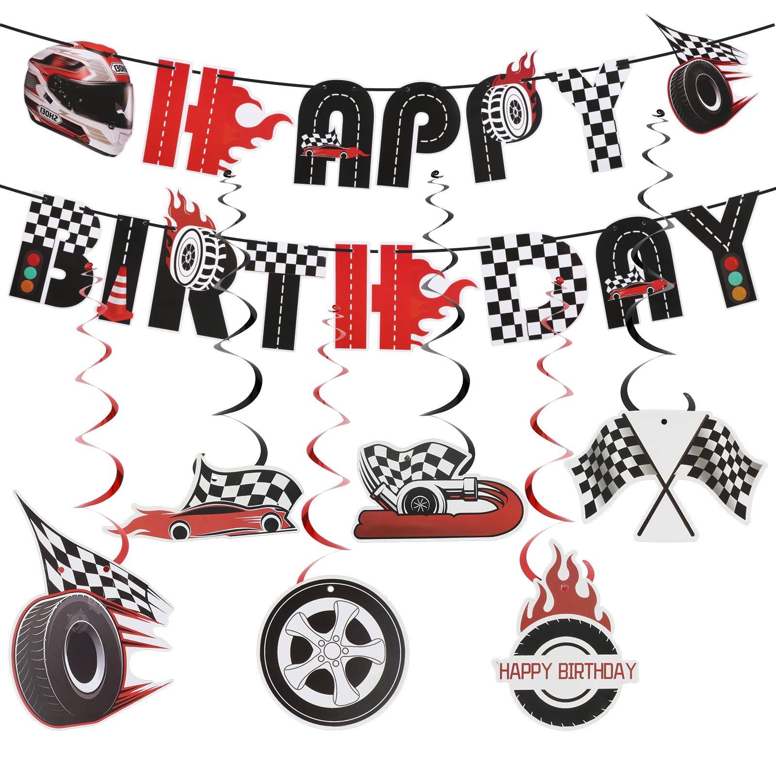 Ouligay Race Car Banner Racing Car Birthday Decorations Banners with Streamers Racing Themed Birthday Party Supplies for Wall Decor Supplies Photo Props