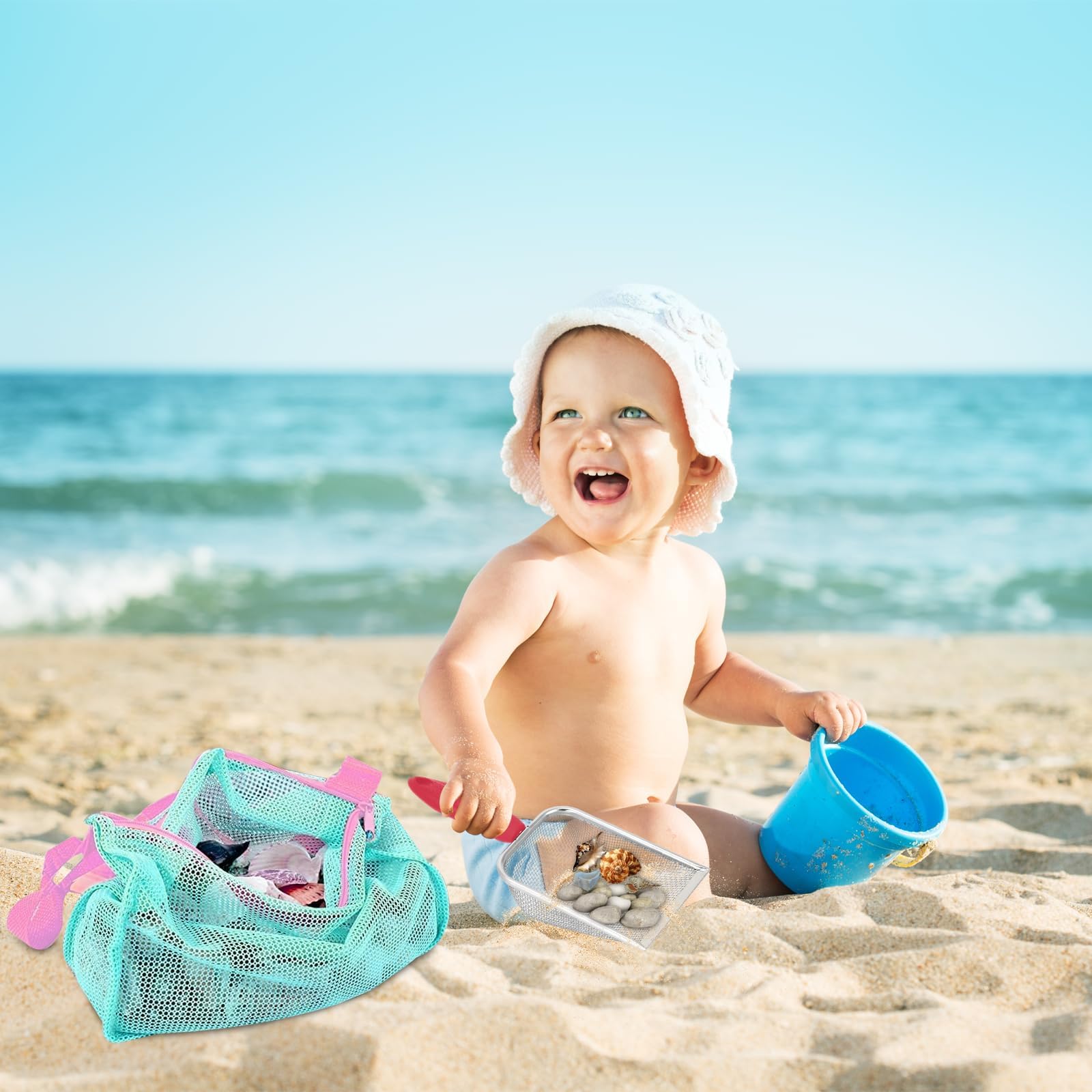 Zabawka Plażowa Dla DziePci, Metalowa łopata Plażowa Dla Dzieci, Zbieranie Muszli Filtracyjnych, Siatkowa Torba Plażowa Dla Dziewczynek i Dziewczynek (Pudru Uchwyt)