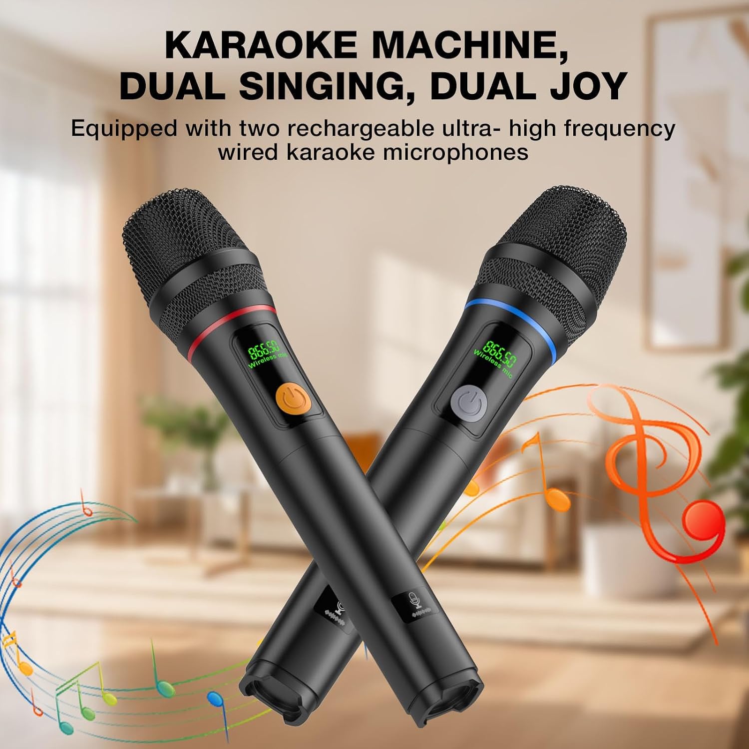 Two black wireless microphones with colored rings (red and blue) and digital displays.