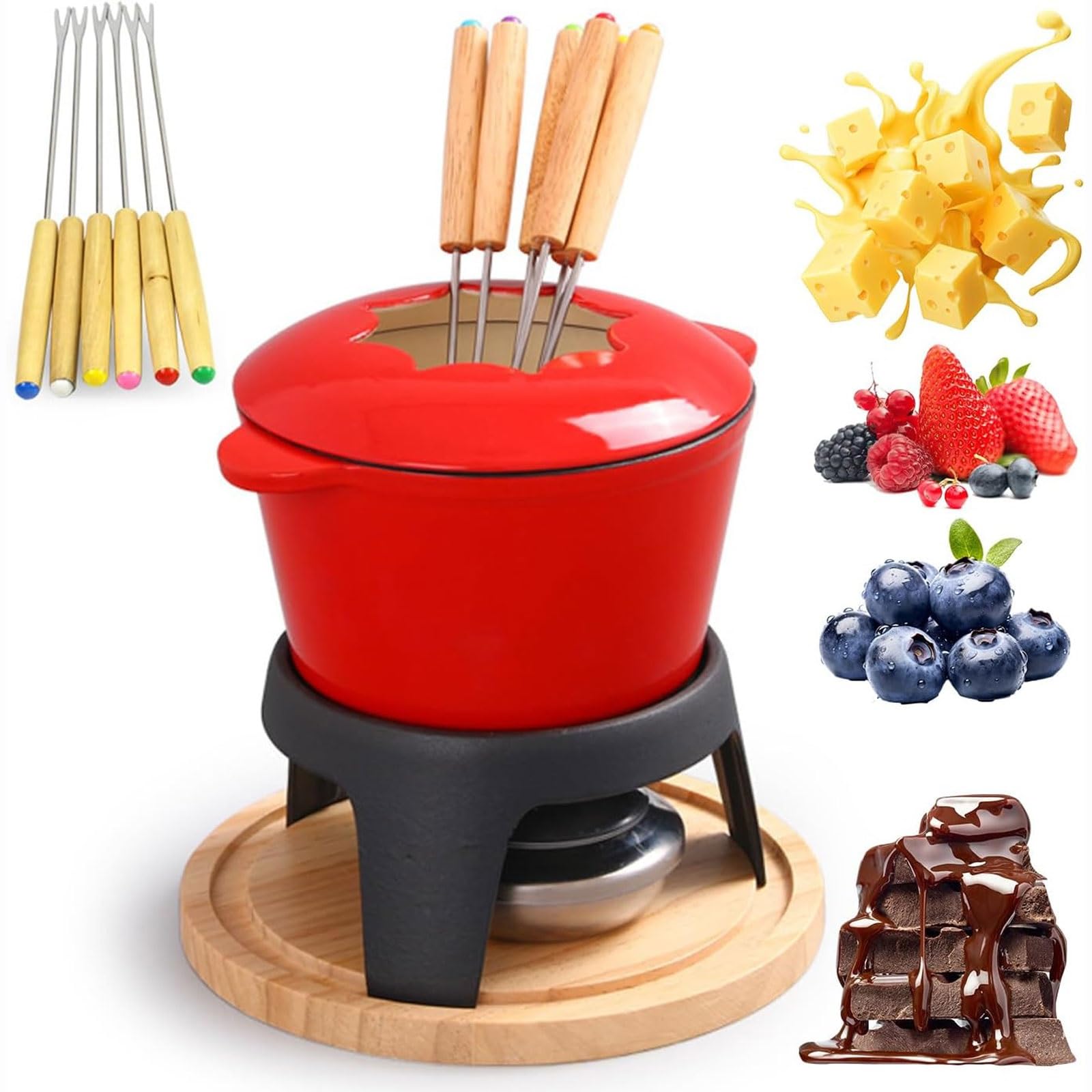 Appareil à fondue au chocolat et fromage avec 6 fourchettes, brûleur et plateau en bois rustique