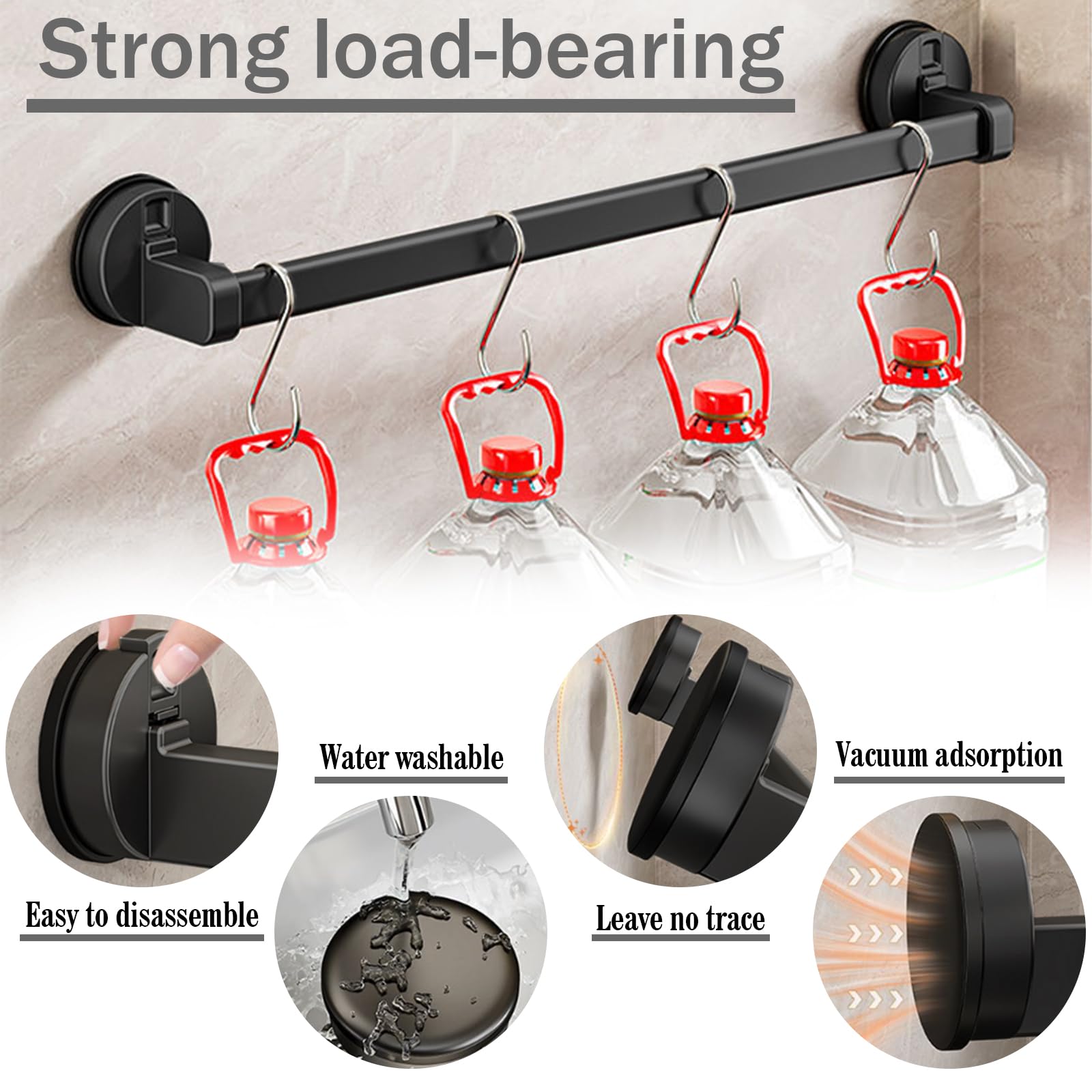 Groyells Handdoekhouder met zuignap, wandgemonteerde handdoekhouder zonder boren, 90° opvouwbaar, 7 haken, 60 cm dubbellaags, zwart