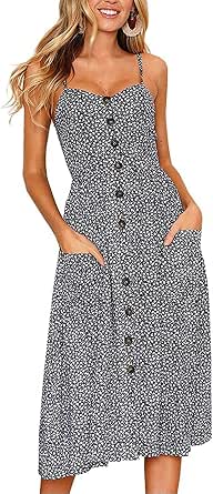 Halife Womens Summer Dresses Casual Spaghetti Strap Floral Button Down Swing Midi Dress with Pockets