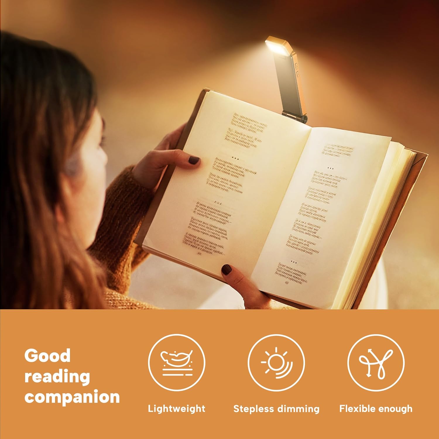 86lux Book Light, Rechargeable Reading Lights for Books in Bed, Ultralight Clip-on LED Bookmark Lamp with 3 Amber Colors & Stepless Dimming for Night Reading for Book Lovers, Kids, Papaya Orange - Image 3
