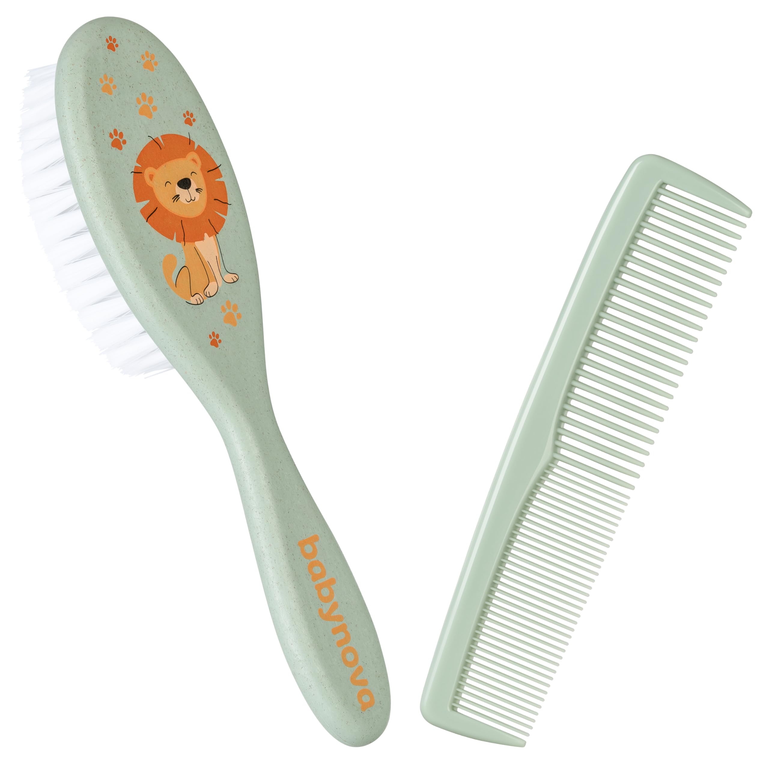 babynova Set Pettine & Spazzola – Set Cura dei Capelli con Setole in Nylon Naturale Ultra Morbide per Bambini & Neonati – Cura Delicata per Cuti Sensibili – Senza BPA – Verde leone