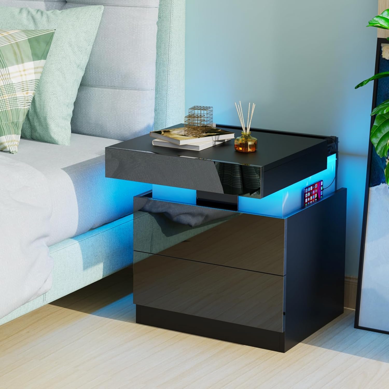 Moderno Comodino Lucido Nero Comodini Grande Comodino Tavolino con 2 cassetti per camera da letto, soggiorno