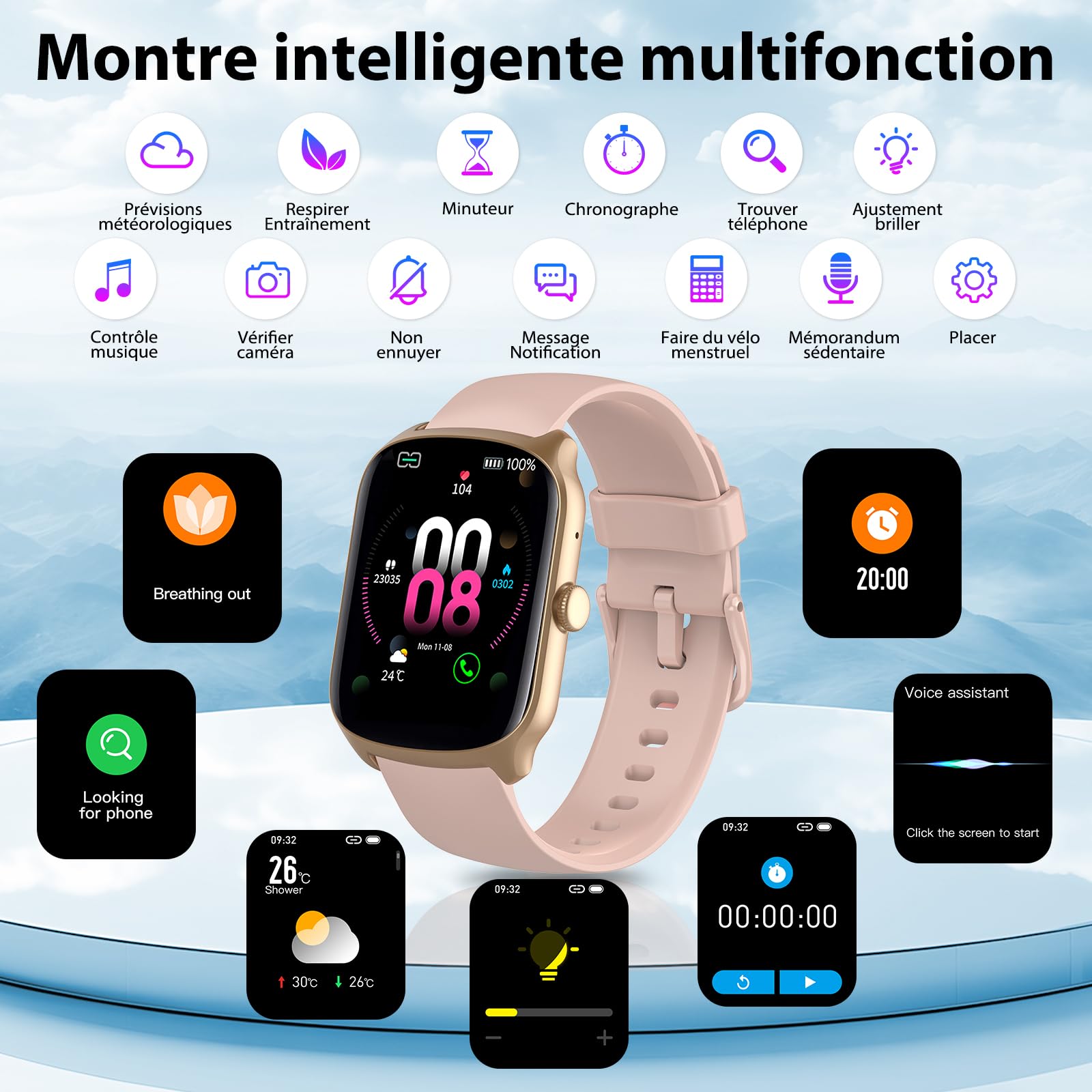 Montre Connectée Femme Homme, avec Appel Bluetooth, 1.95"HD Ecran Incurvé Smartwatch, 110+ Sportifs Montre Podomètre, Sommeil/Cardiofrequencemetre Montre Sport, IP68 Étanche pour Android iOS, Rose
