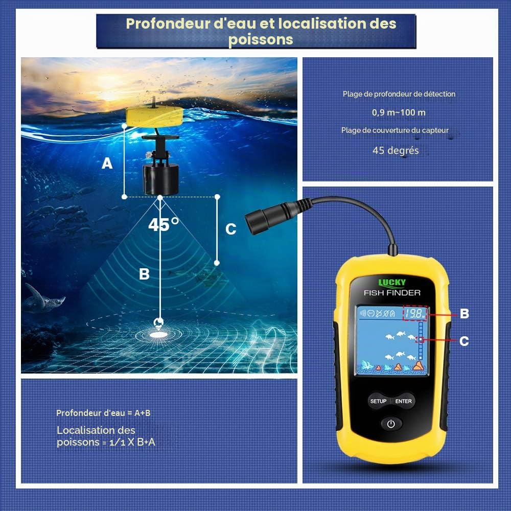 LUCKY Kayak Portatif Sondeur de Poisson Détecteur de Poissons Portatif à Eau Sonar Pouvant être lancé Bateau Kayak Sondeur Transducteur pêche écran LCD FFC1108