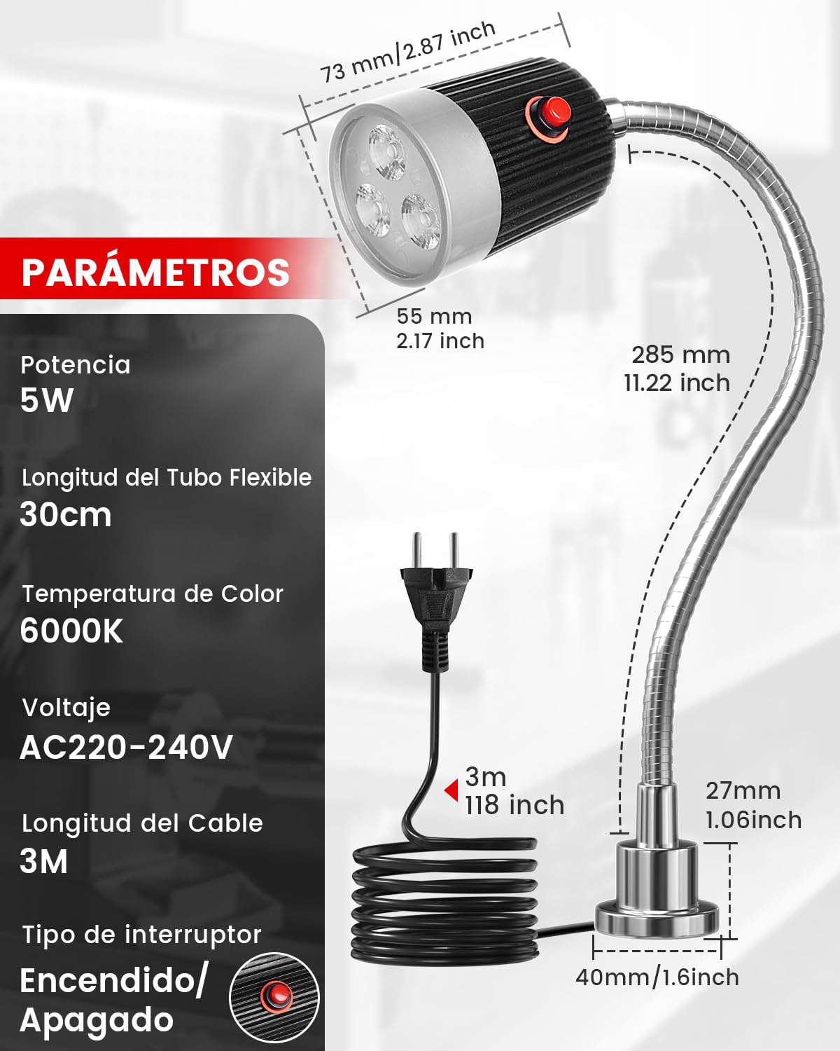 Klarlight Lámpara Magnética LED de Trabajo 5W, Lámpara de Máquina Magnética, Tubo Flexible para Máquinas, Luz Blanca Fría 6000K para Torno, Banco de Trabajo, Máquina de Coser, Parrilla y Taller