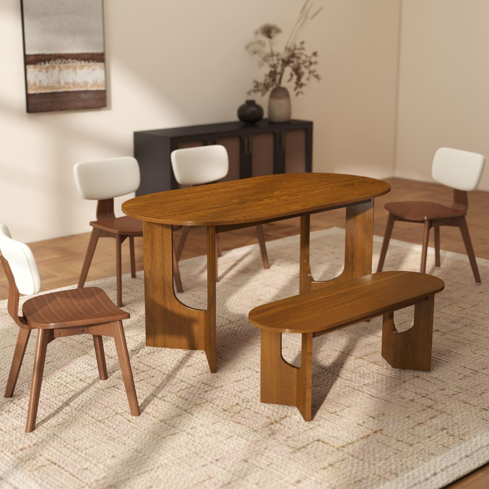 47.25" L Walnut Wood Oval Bench, Solid Wood Dining Bench with Wooden Legs for Dining Room, Restaurant, 1 Piece