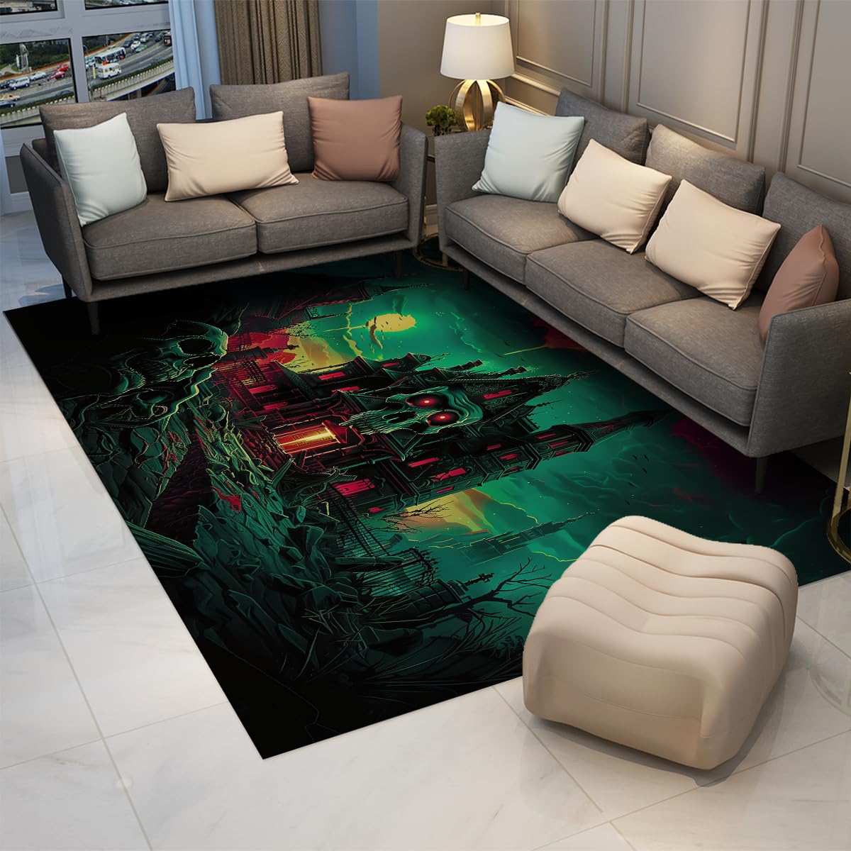 Area Rug 150 x 240 cm, nadający się do prania, dywan w stylu vintage, czaszka Castle of Terror, mata wewnętrzna, składany, cienki dywan, neonowy zielony i czerwony, ciemny wzór Sci-Fi