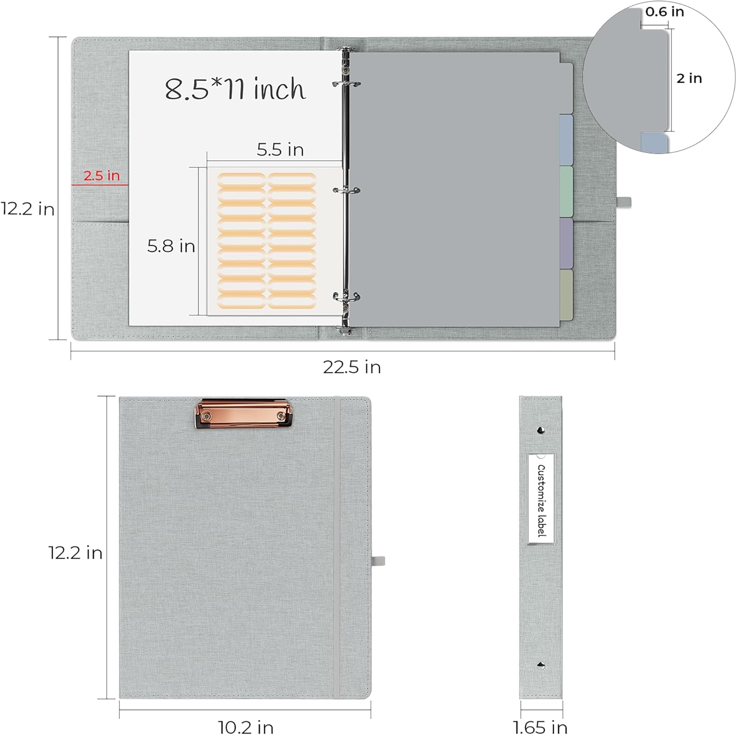 EYROZILL 3 Ring Binder, 1 Inch Linen Binder Organizer for Letter Size (8.5" x 11") with 5 Tab Dividers, File Folder Labels and Low Profile Clipboards, School and Office Supplies-Light Grey