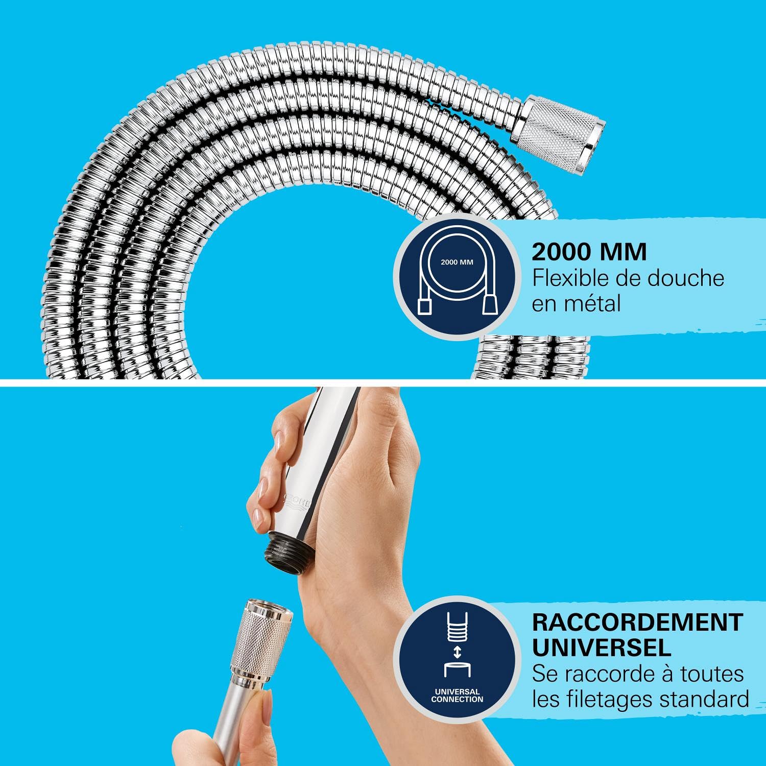GROHE Flexible tuyau de douch salle de bains VitalioFlex métallique, tuyau de douche 2000mm, anti-pliures, finition brillante, raccord fileté universel 1/2", chromé, 22116000 (Import Allemagne)