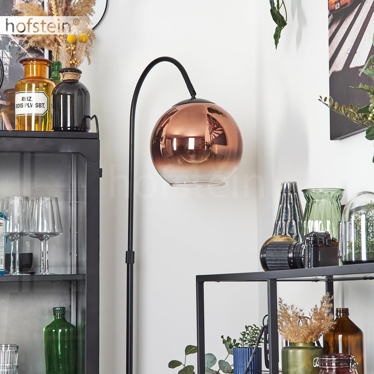 Lampada da terra Koyoto, lampada in metallo/vetro nero/rame/trasparente, design retrò/vintage/industriale con paralume vetro (Ø 25 cm) e interruttore a pedale, altezza 141 cm, 1 x E27, senza lampadina