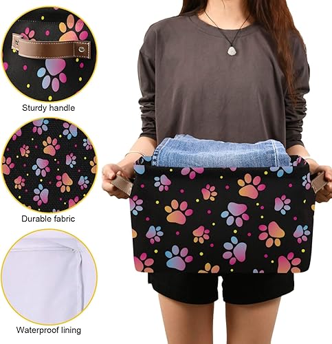 Miniatura 7 de susiyo Cestas de almacenamiento plegables grandes y coloridas con estampado de patas de gato, canastas decorativas plegables con asas de poliuretano