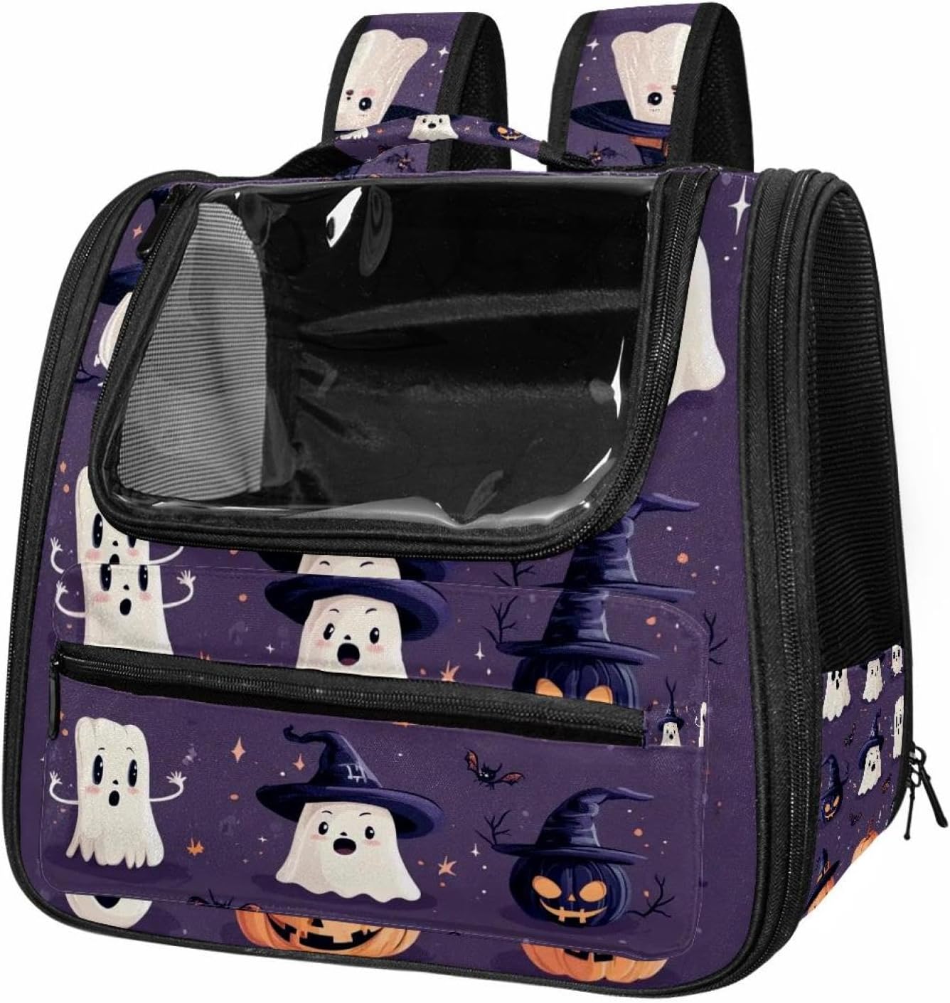 Portable Travel pet Backpack Carrier Hamster Bag Small Dog cat Carrier Breathable Hang Bag, Halloween Pumpkins Bats Skull
