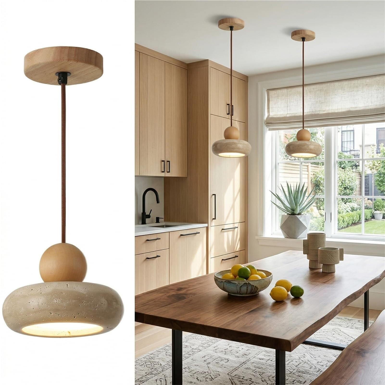 HUAYUSEDF Natural Yellow Travertine LED Pendant Lamp Chandelier Hanging Lighting Ceiling Fixture 3000K for Bedroom Kitchen Island Dining Room Interior(B)
