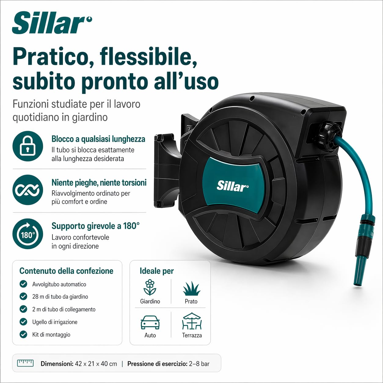 Sillar Avvolgitubo da Giardino 30 Metri da Parete, Avvolgitubo Acqua Automatico con Tubo da Giardino 1/2 Pollice, Rotazione 180°, Pistola Irrigazione 7 Funzioni, Lancia e Kit di Montaggio Inclusi