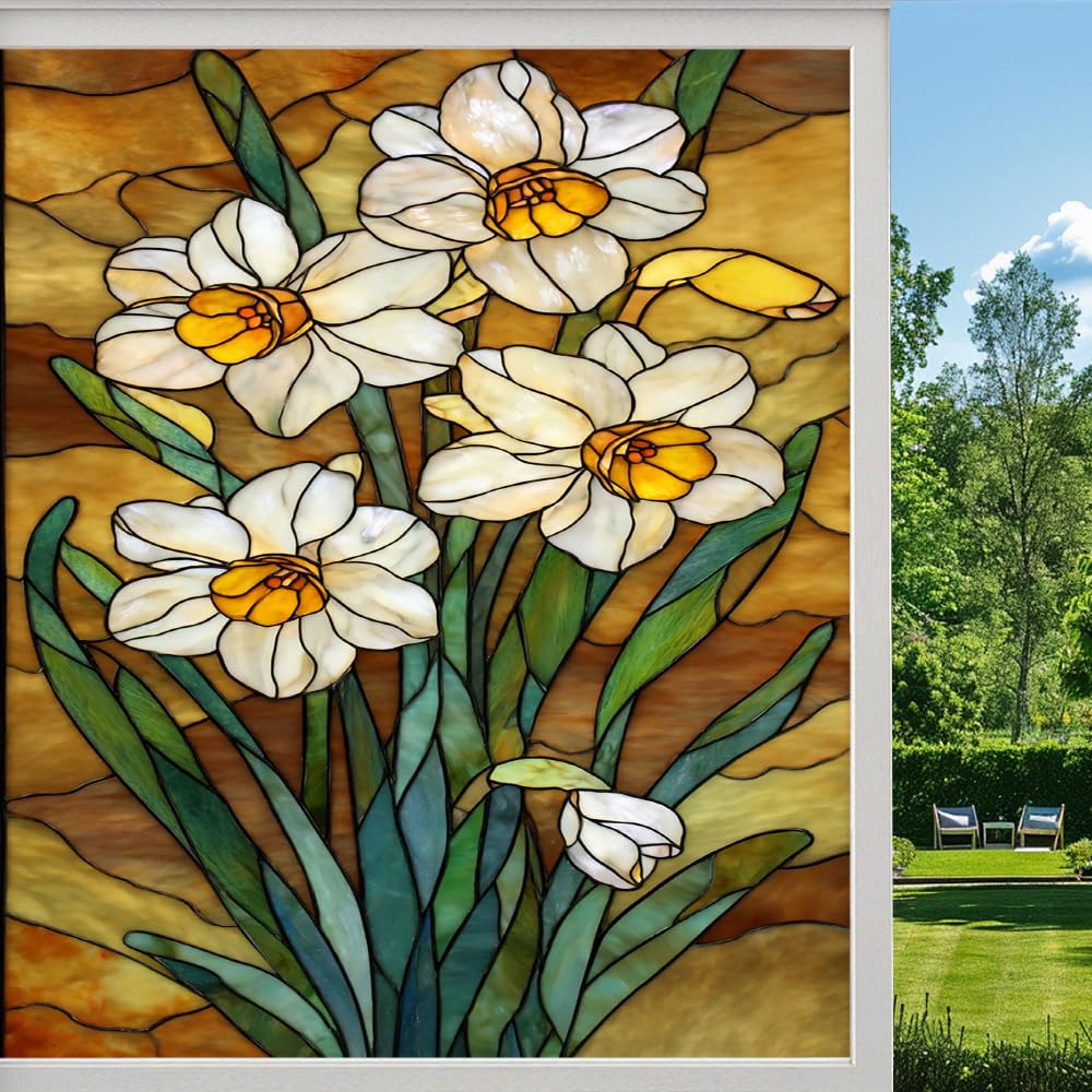 Pmlbaous Retro Daffodils Stained Glass Window Film, Abstract Spring Flowers Peel And Stick Privacy Film, Frosted Adhesive Vinyl Decorative For Bathroom Windows Glass Doors, （55X100cm）