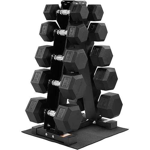BalanceFrom Rubber Coated Hex Dumbbell Weight Set with Storage Rack, 100LB or 150LB or 200LB Set, 5-20 lbs or 5-25 lbs or 10-30 lbs Pairs