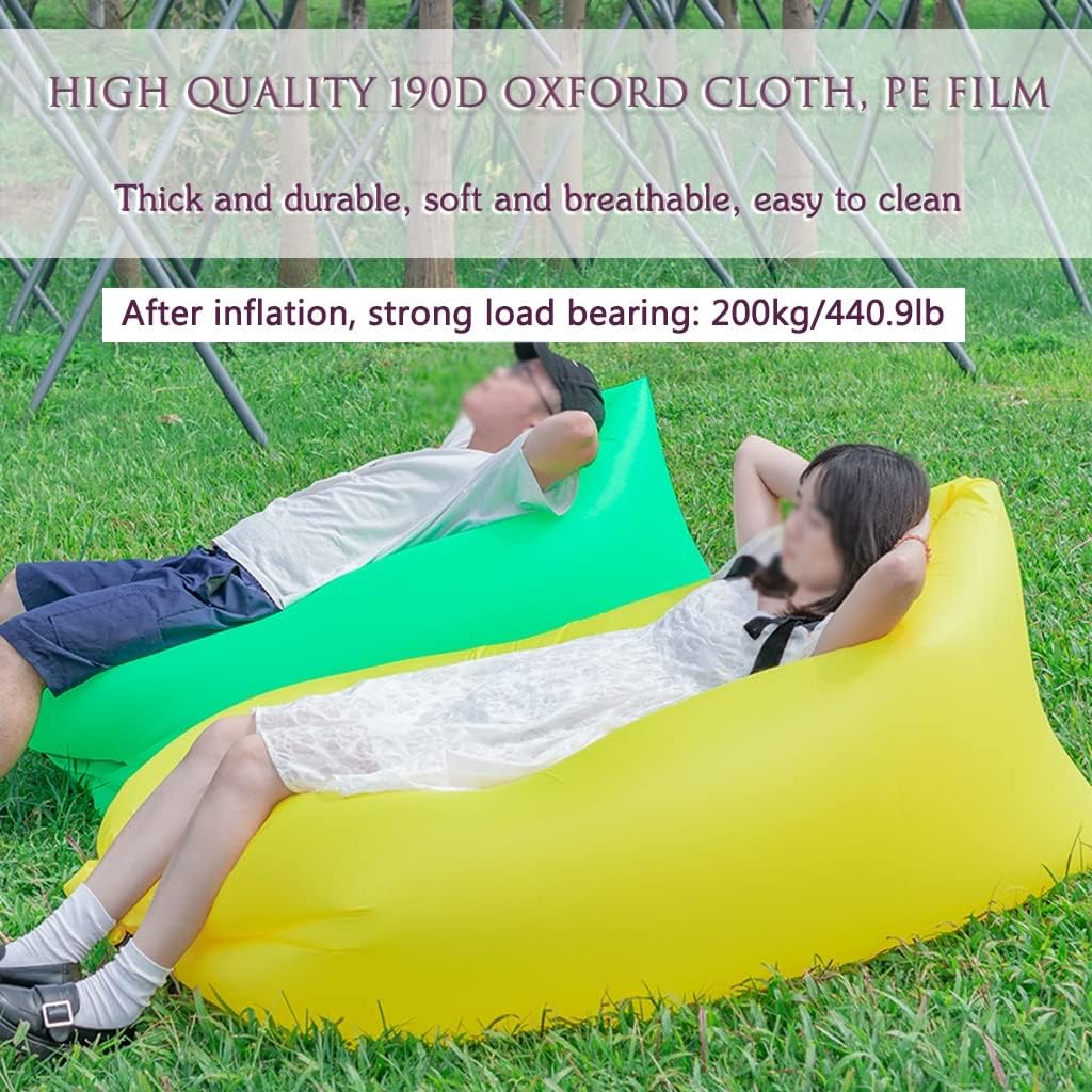 Inflatable Lounger Couch Outdoor Solid Color Single Use Air Sofa, Comfortable Beach Vacation Inflatable Couch, Portable Storage Bag, Bearing 200kg/440.9lb (Color : Yellow, Size : 180 * 70 * 60cm)
