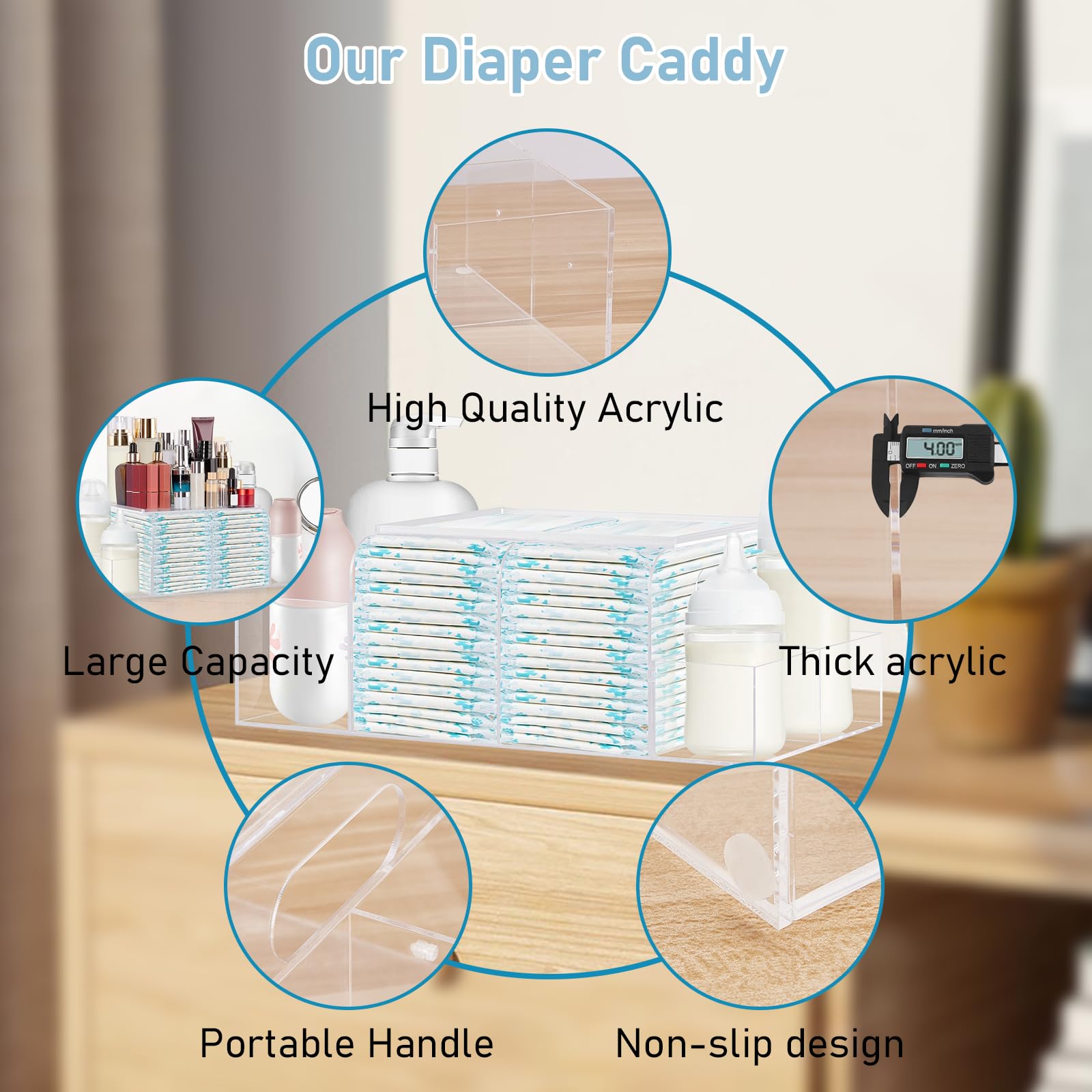 Organiseur de couches en acrylique, station à langer durable, organiseur de couches, rangement de couches pour chambre de bébé, distributeur de lingettes, chauffe-lingettes et autres essentiels