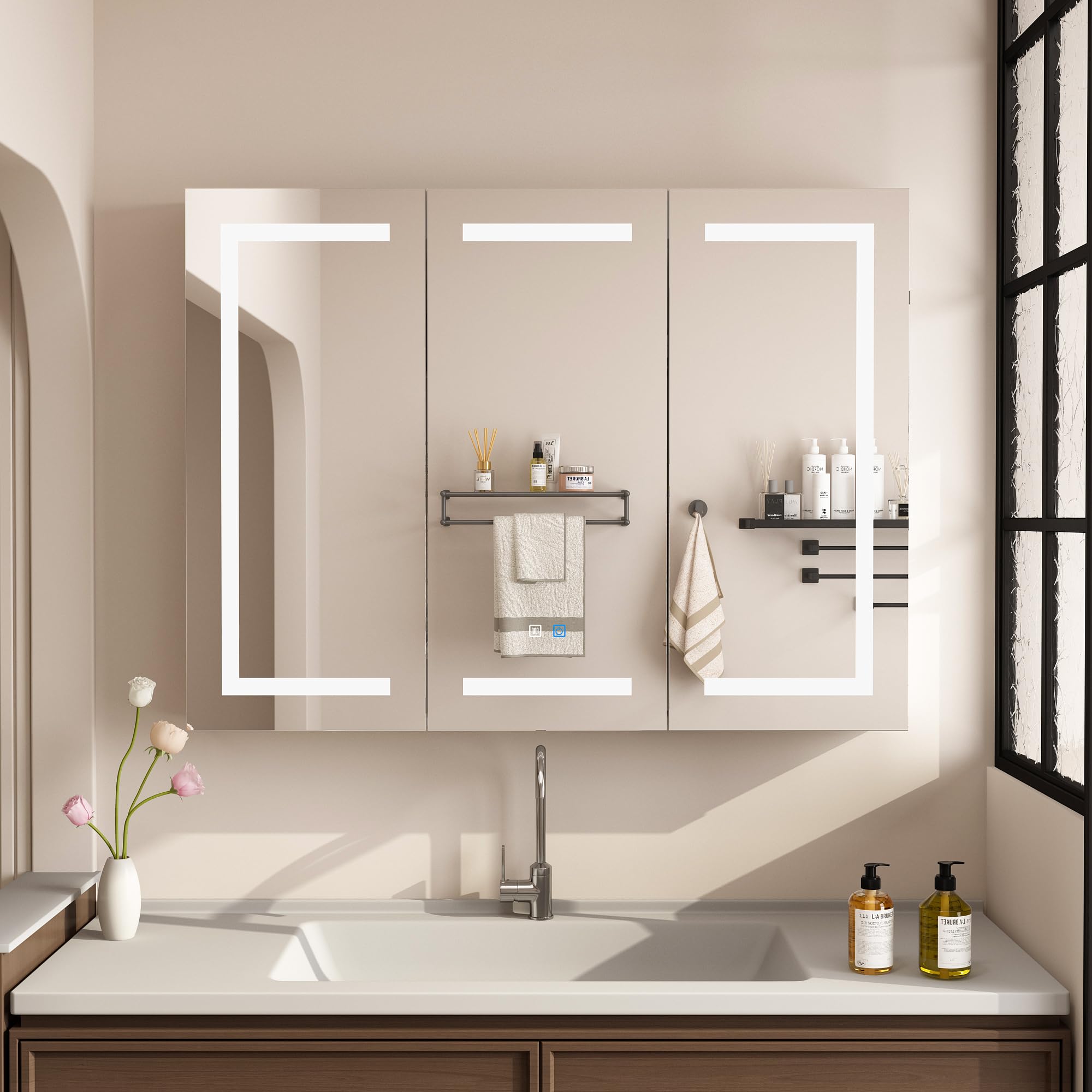 Armario de Baño con Espejo LED, Mueble Espejo de 3 Puertas con Luz, Interruptor Táctil y Estantes, 120 x 15 x 90 cm