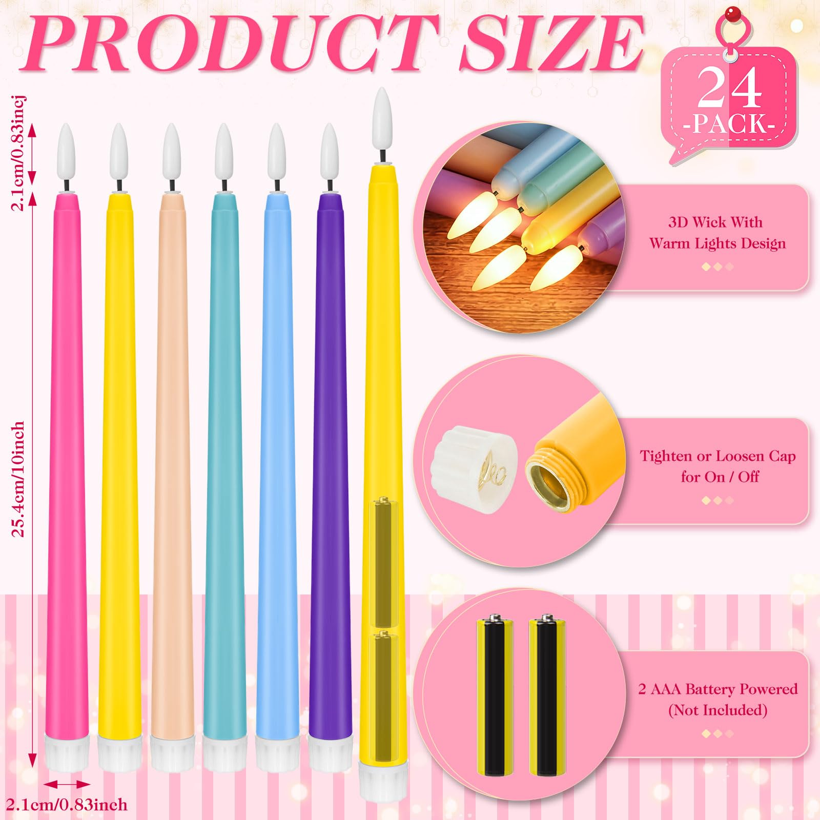 Baquler Candele coniche senza fiamma, 24 pezzi, 28,9 cm, a batteria, in plastica, a LED, sfumate, tremolanti, per matrimoni, chiesa, cene, casa, Natale, decorazione per feste