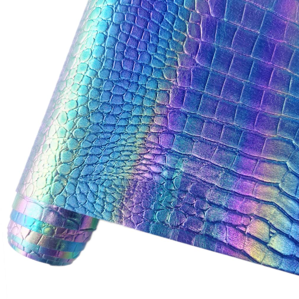 HYANG Rollo de piel sintética holográfica iridiscente con textura de cocodrilo azul oscuro, 30,5 x 134,6 cm, muy adecuado para hacer manualidades, aretes de cuero, decoración de vacaciones, diferentes