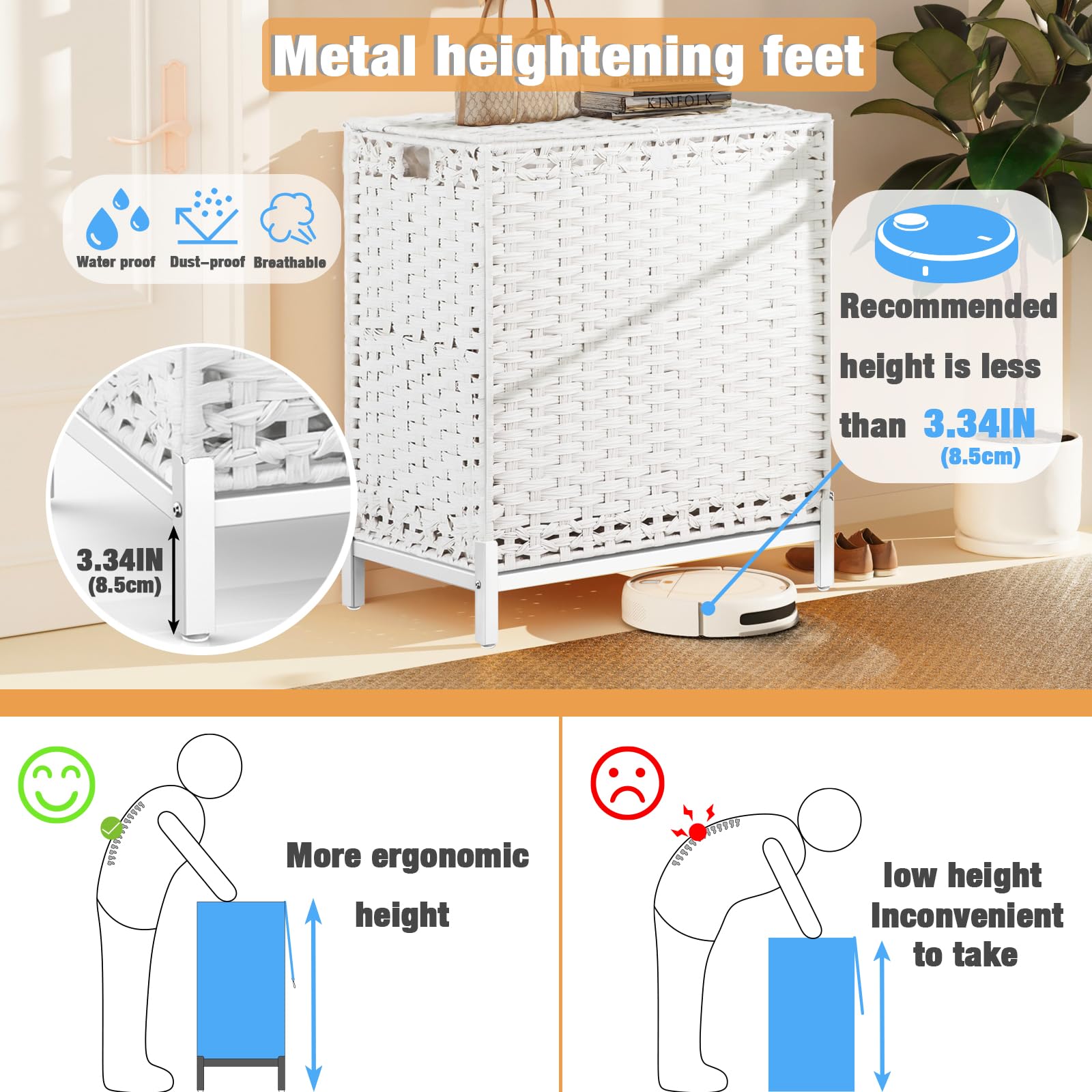 Laundry Hamper with 3 Removable Liner Bags, 132L Handwoven Rattan Laundry Basket with Metal Heightened Feet, Clothes Hamper with 6 Mesh Bags, Laundry sortor with 3 Sections?White?