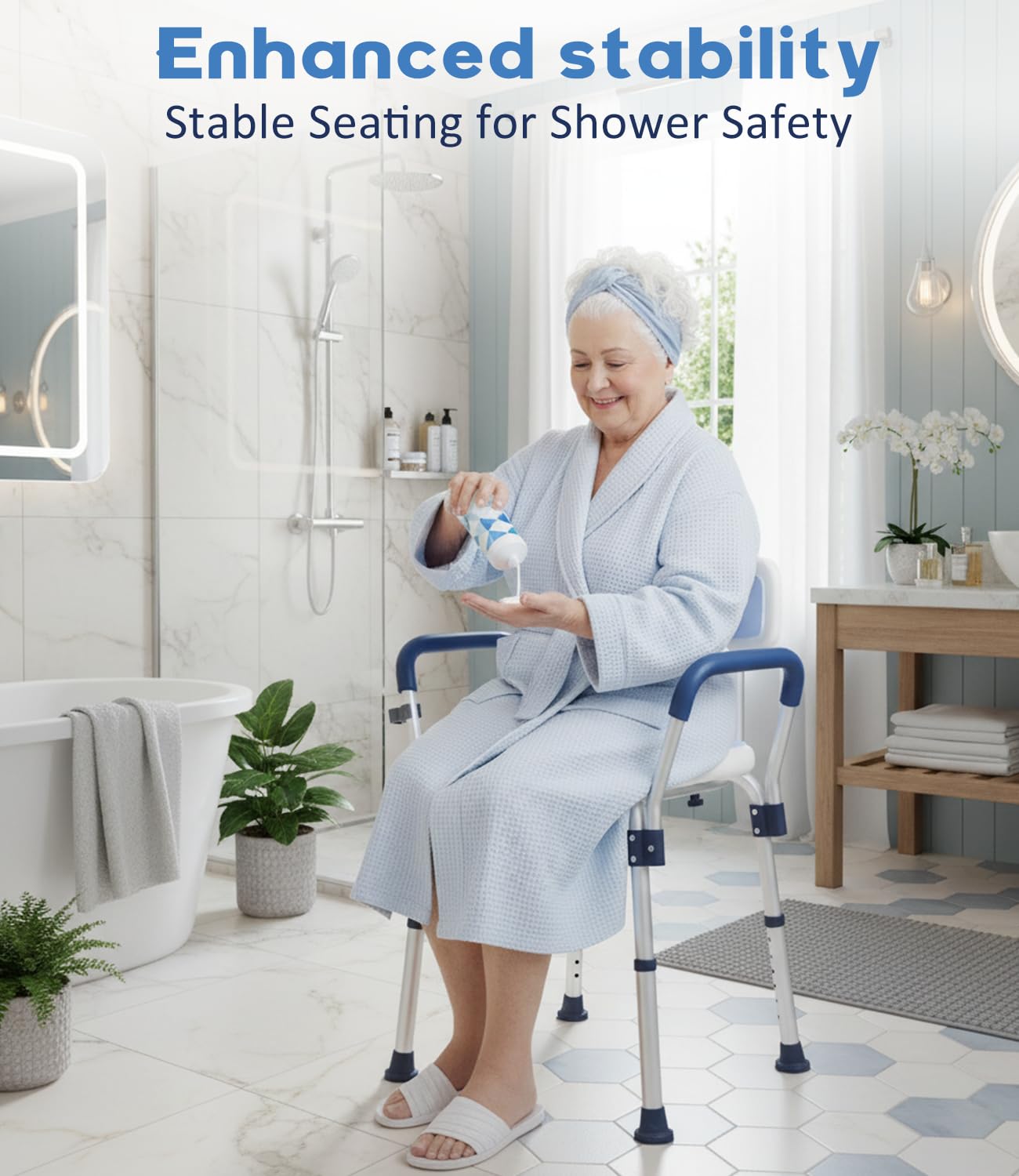 Silla de baño para personas mayores con respaldo extraíble, con capacidad de carga de 160 kg, 6 niveles de ajuste de altura (68 – 81 cm) | Silla de ducha con pies antideslizantes