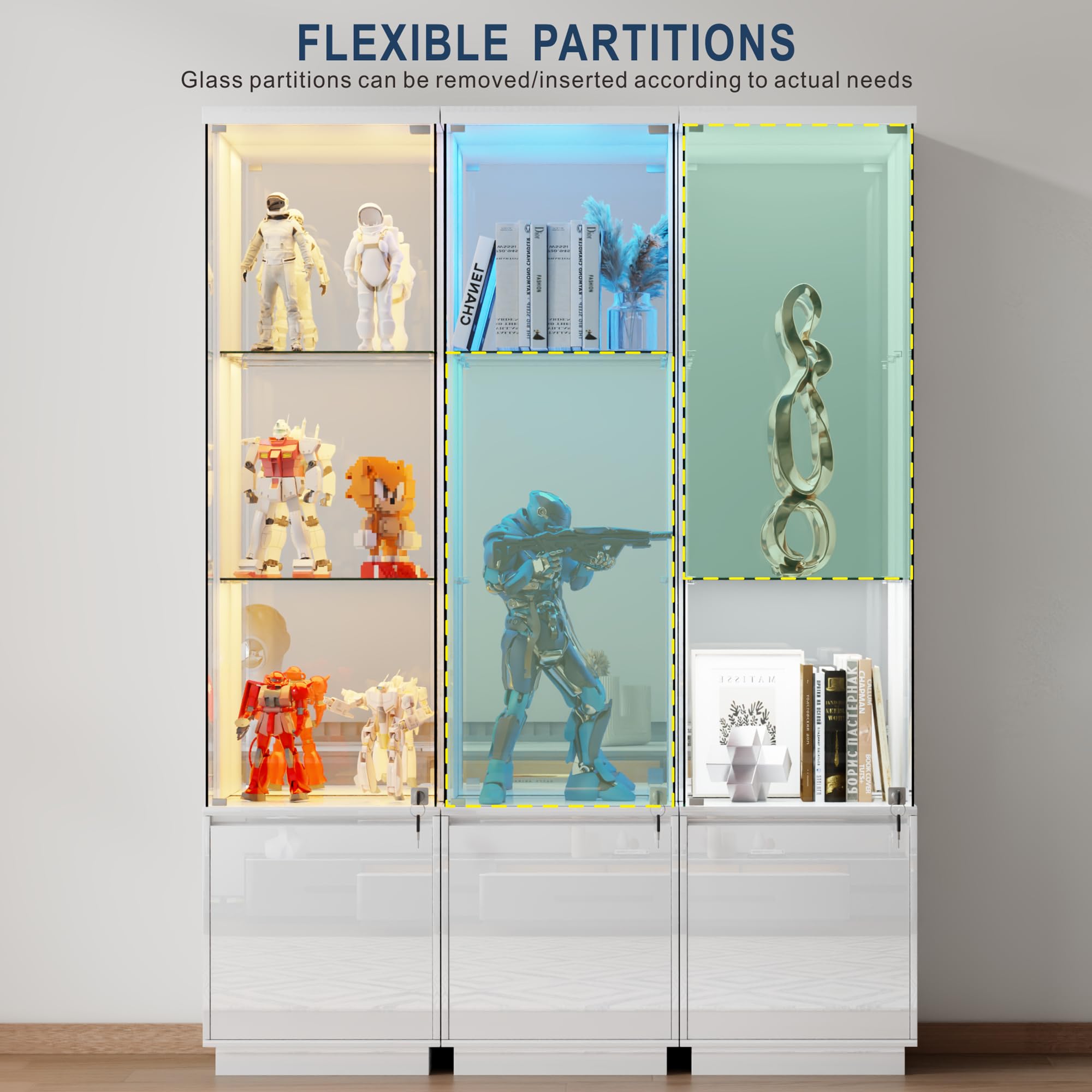 Gurexl Vitrine mit LED-Beleuchtung und Cabinet,Glasvitrine mit Körpersensor-System und Abschließbare Glastüren,Hochglanzfront Eckvitrine W400xD380xH1650mm,für Wohnzimmer, Büro, Bücher,Weiß