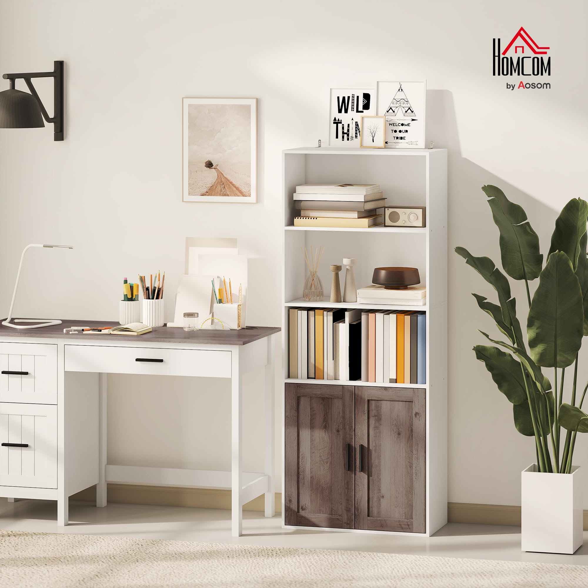 HOMCOM Estantería para Libros Estrecha 60x30x149,5 cm Blanco y Marrón | Librería con Puertas, Estantes Abiertos, Armario con Balda Ajustable, para Salón, Estudio, Oficina