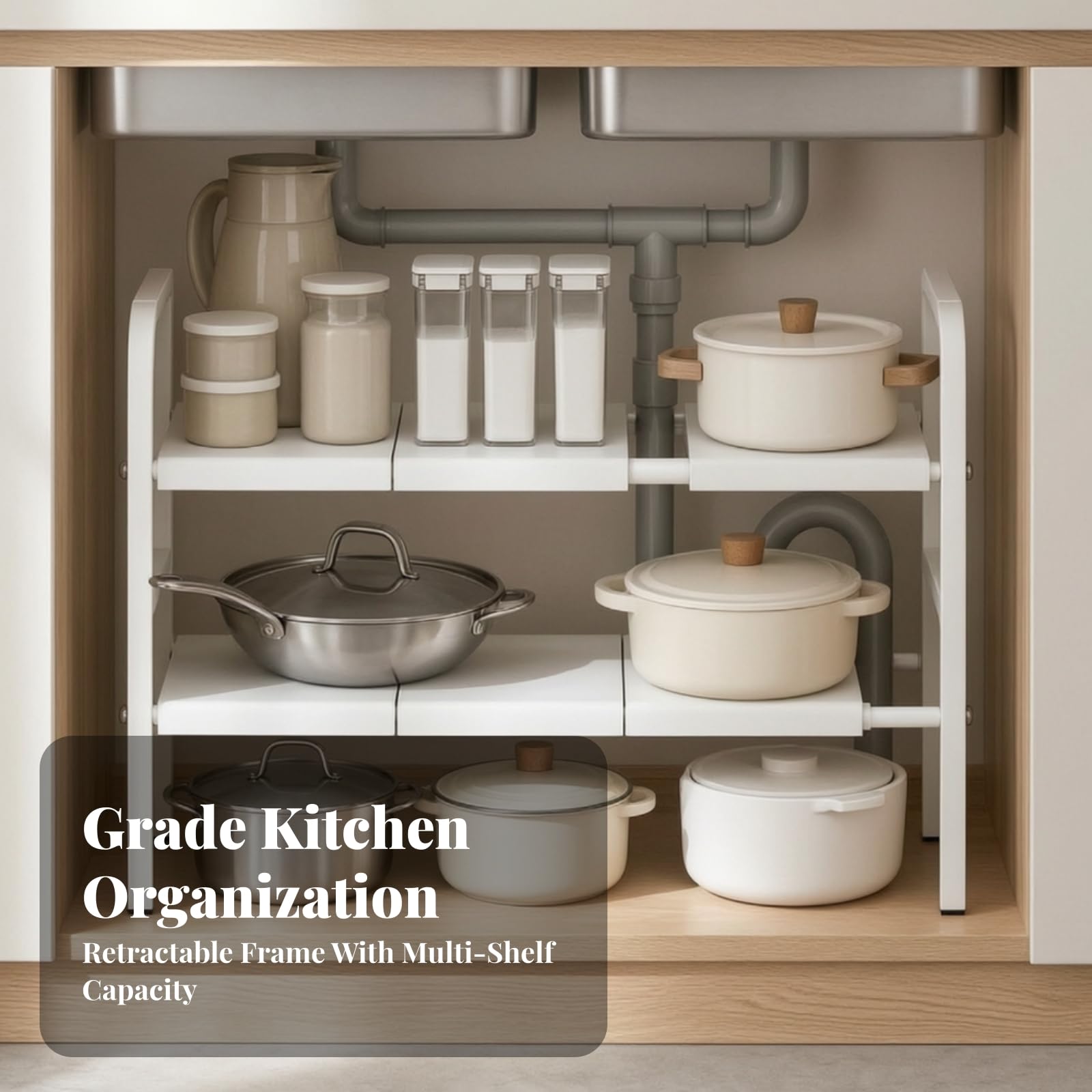 Organizer Estensibile a 2 Livelli Modulare Organizer sotto Lavello Regolabile Pentole con Ripiani Regolabili per Interno Armadio, Grigio