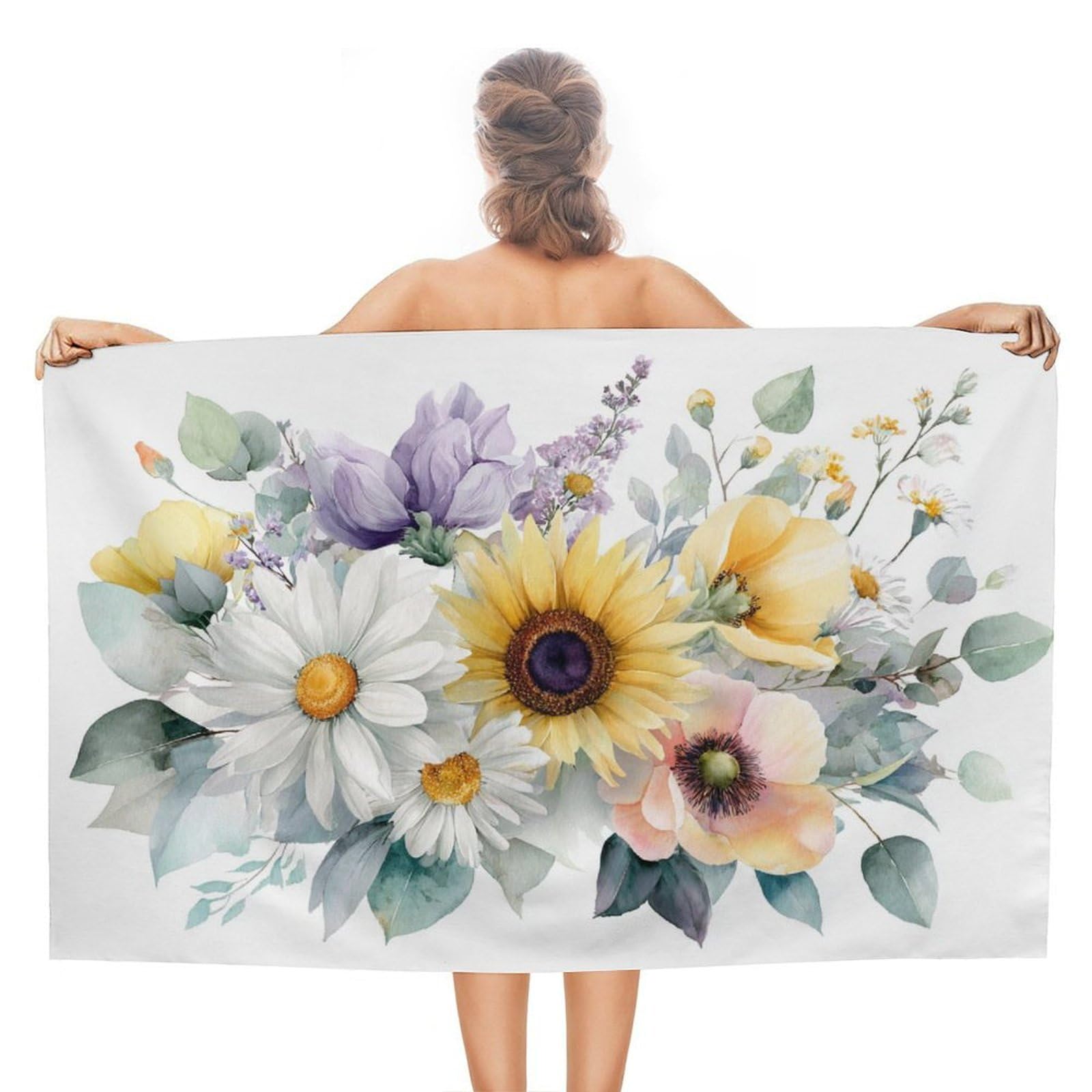 LSRCPD Watercolor Floral Bouquet Sunflowers Daisies Poppy Beach Towel Sand Free Microfiber Large Shower Towels Multipurpose Absorbent for Bathroom Pool 130x80 CM