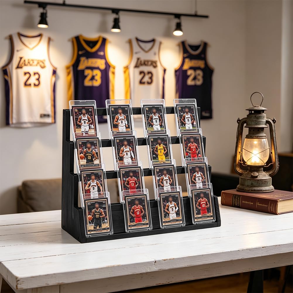 AHANDMAKER Trading Card Display Stand, Tabletop 4-Tier Cards Display Shelf Black Wooden Graded Sports Card Storage Holder for Baseball Football Basketball Soccer Sports Cards Showcase