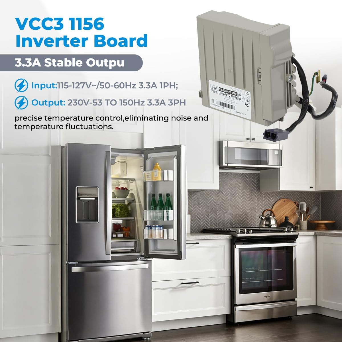 W10710090 Refrigerator Inverter Control Board,Upgraded OEM Inverter Board VCC3 1156 M4 F 9B (3.3A Output) for Major Refrigerator Brands Replace W10154805,W10893917,WR49X10283