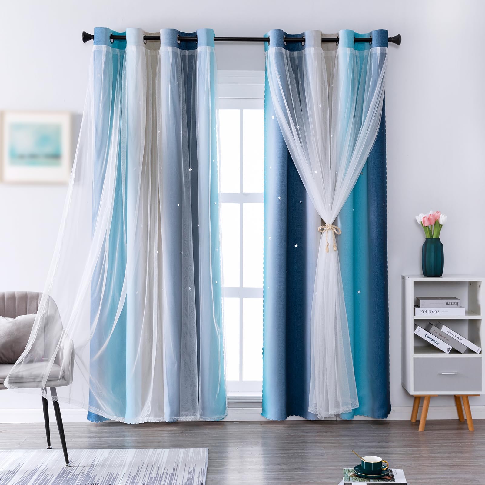 indistar Star Blackout Curtains for Girls Kids Bedroom, Colourful Stripe Window Curtain Panels, 2 Layer Lace Drapes, Room Darkening Curtain for Living Room Decor, 1 Panel（Blue W52 x L95 inch）